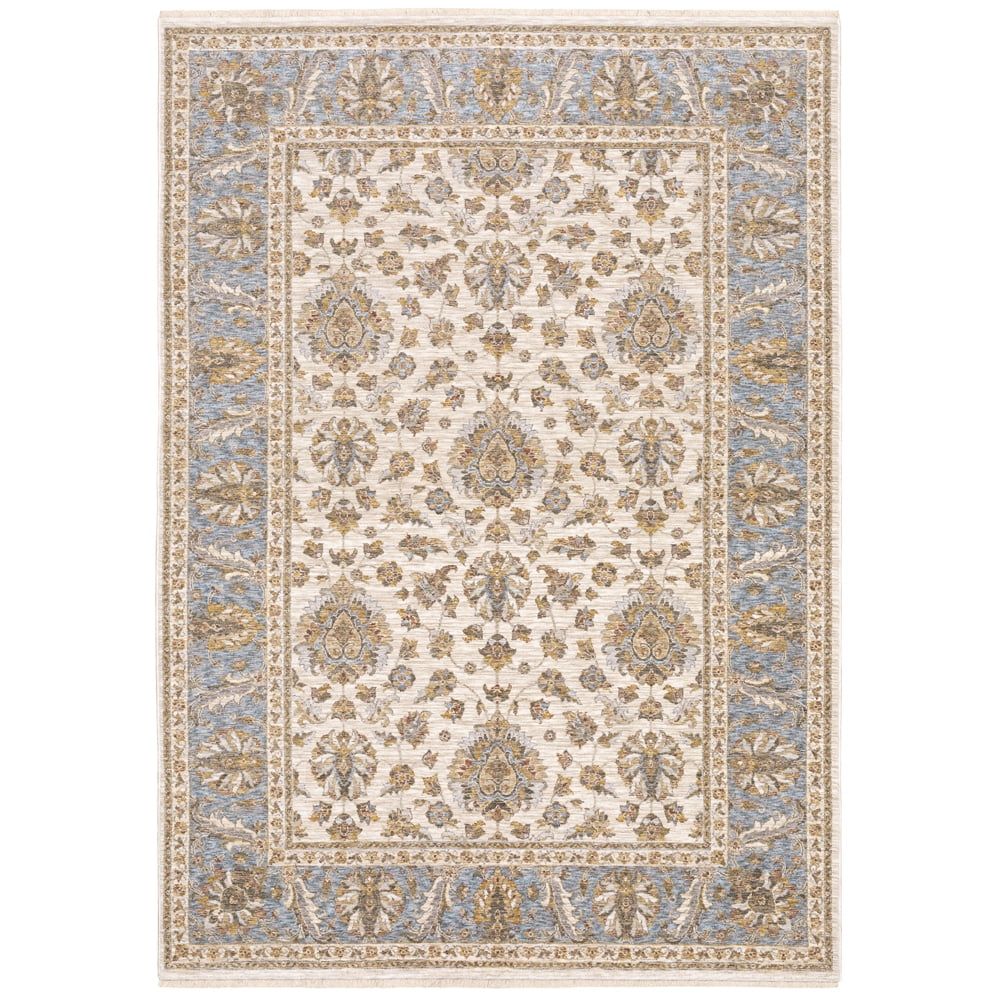 Ivory and Blue Hand-Knotted Synthetic Rectangular Rug 6'7" x 9'6"