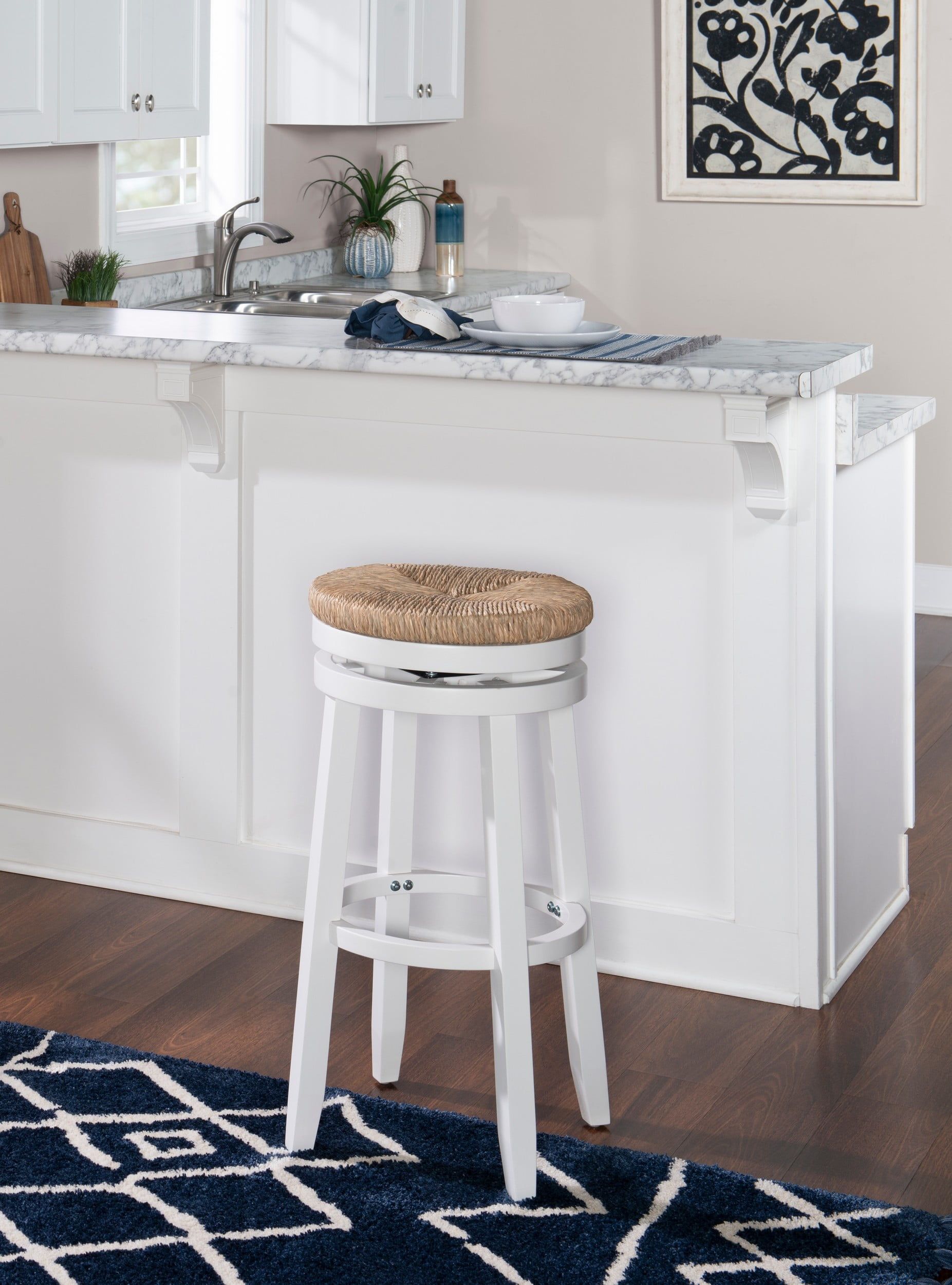 White Wood Swivel Bar Stool with Seagrass Seat