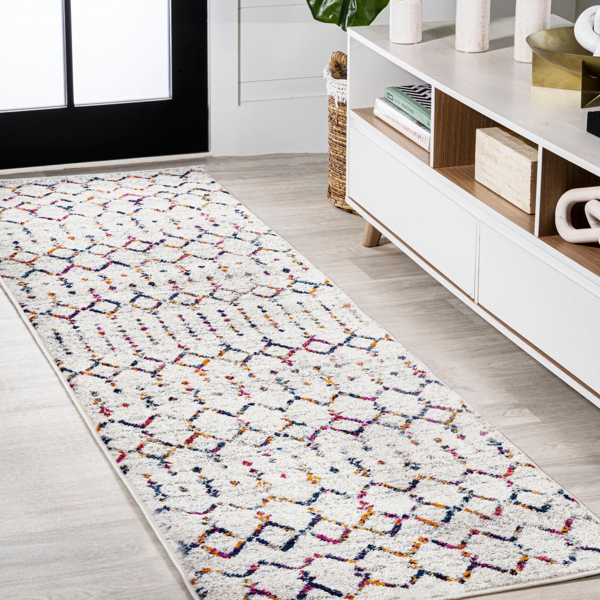 Bohemian Bliss Ivory & Multicolor Diamond Runner Rug, 2x8 ft