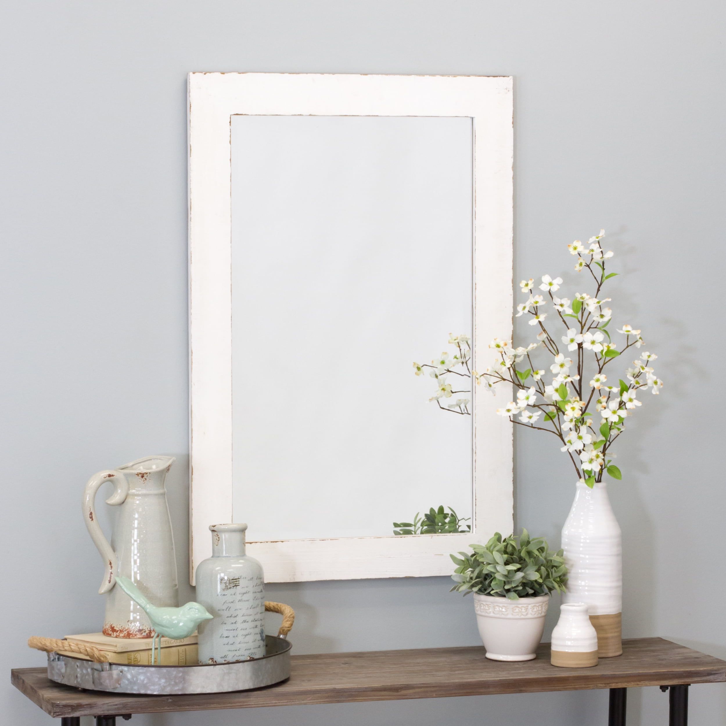 White Distressed Fir Wood Rectangular Wall Mirror 36" x 24"