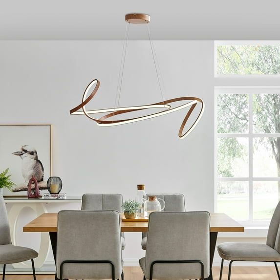 Curvy Light Wood and Aluminum LED Chandelier