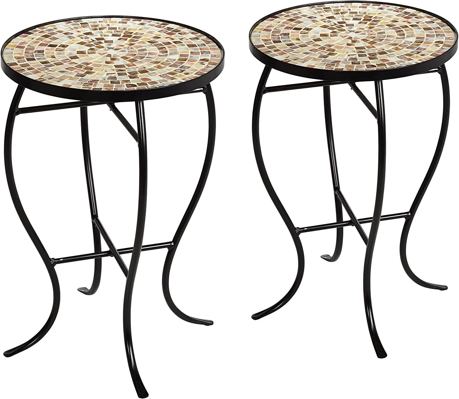 Mother of Pearl Mosaic Black Iron Outdoor Accent Tables Set of 2