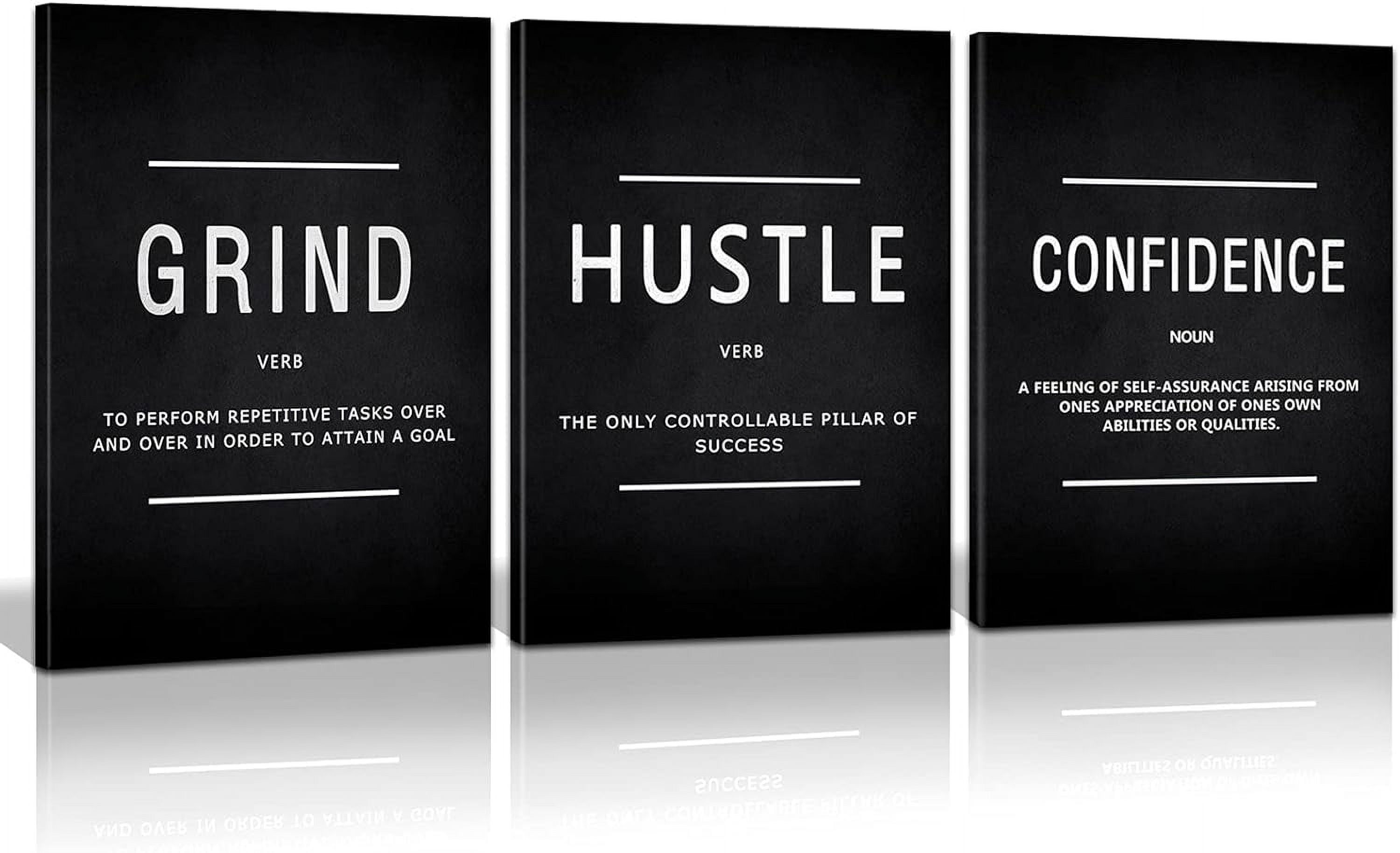 Grind Hustle Confidence Black and White Motivational Canvas Art