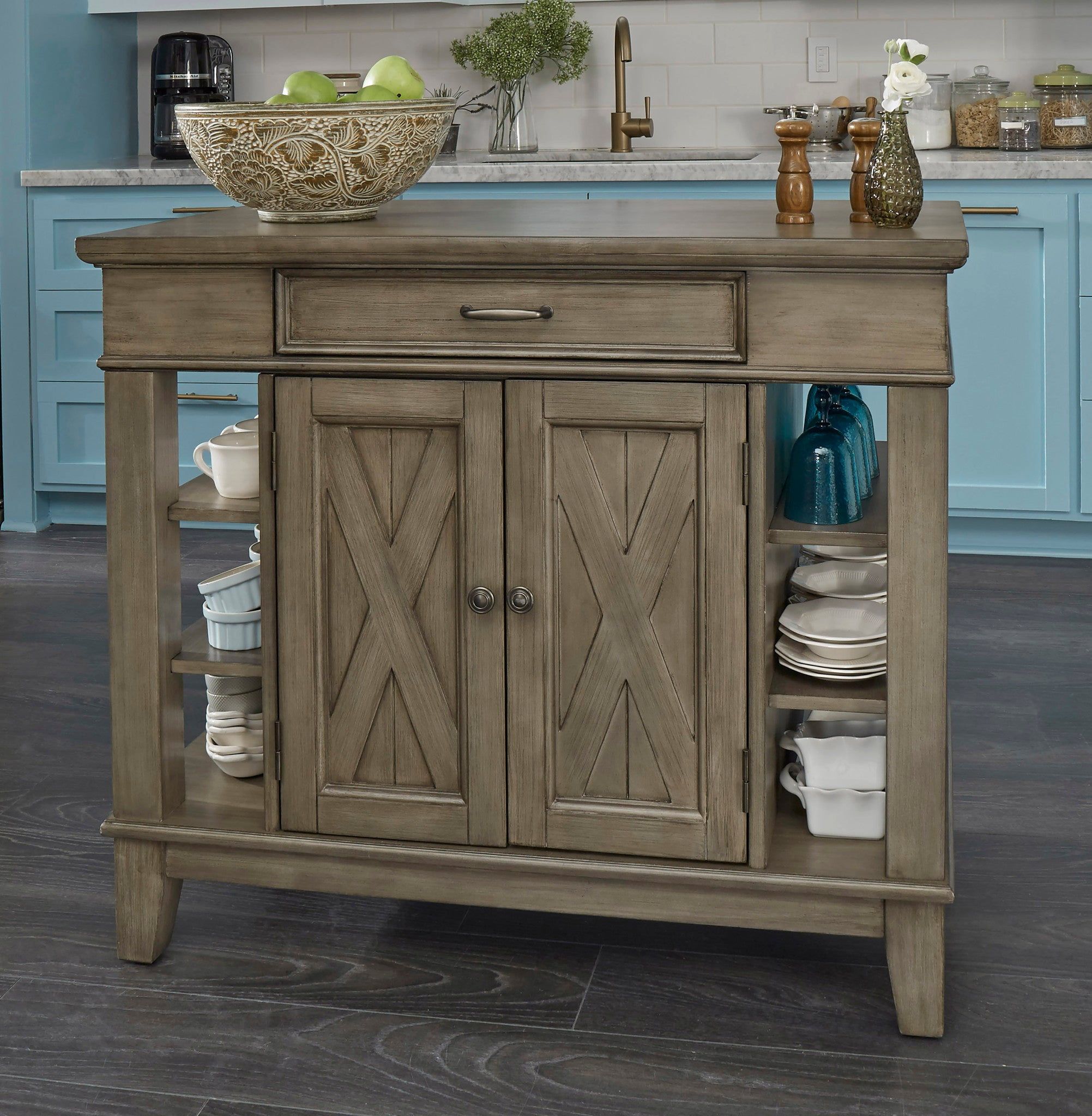 Rustic Multi-Gray Solid Wood Kitchen Island with Storage