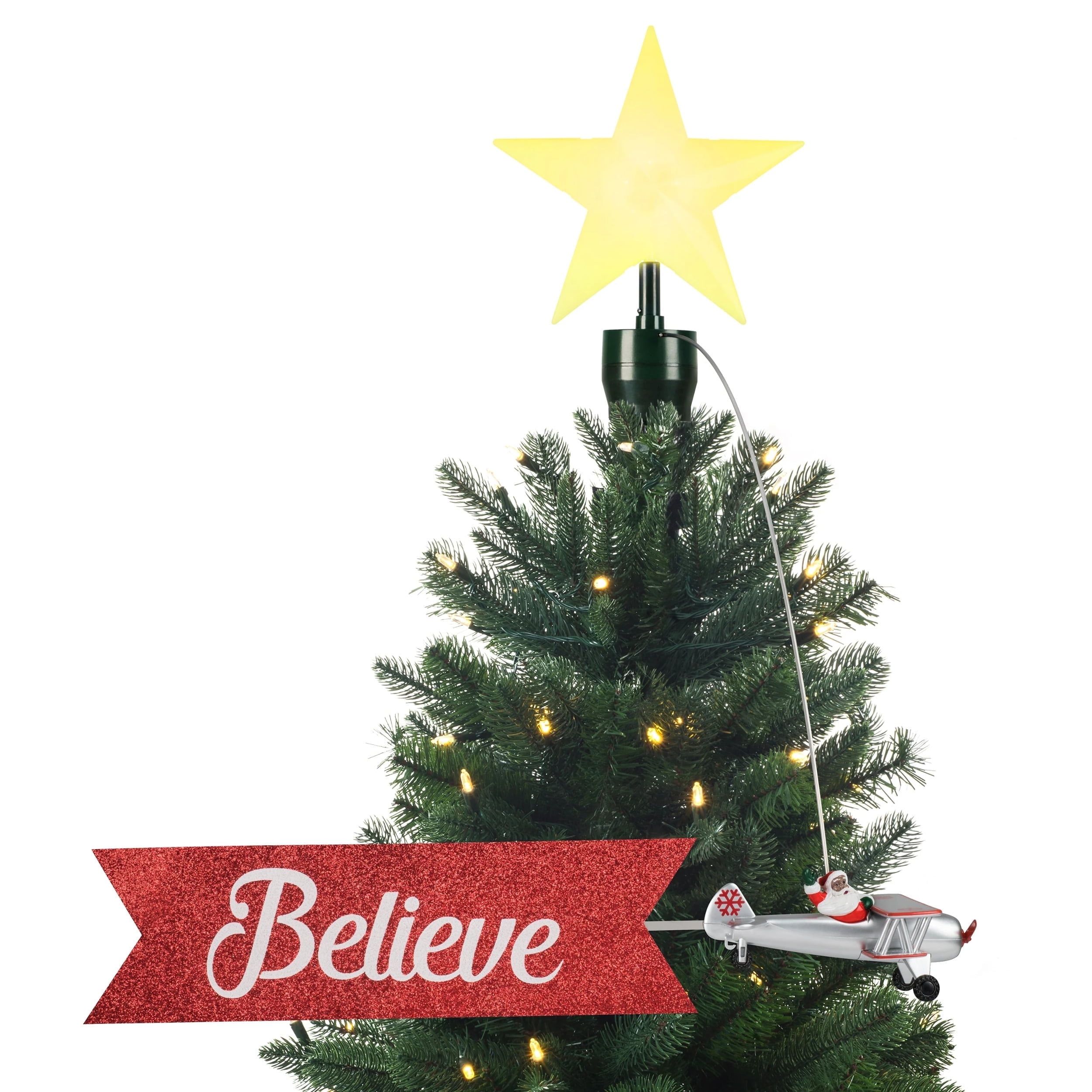 Animated Biplane Tree Topper with LED Star and Banner