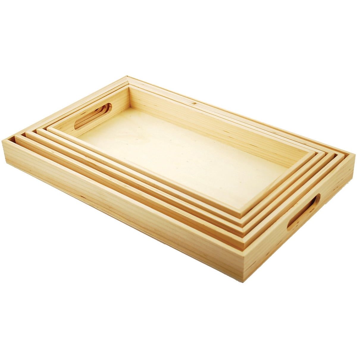 Classic Rectangular Natural Wood 5-Piece Tray Set with Handles