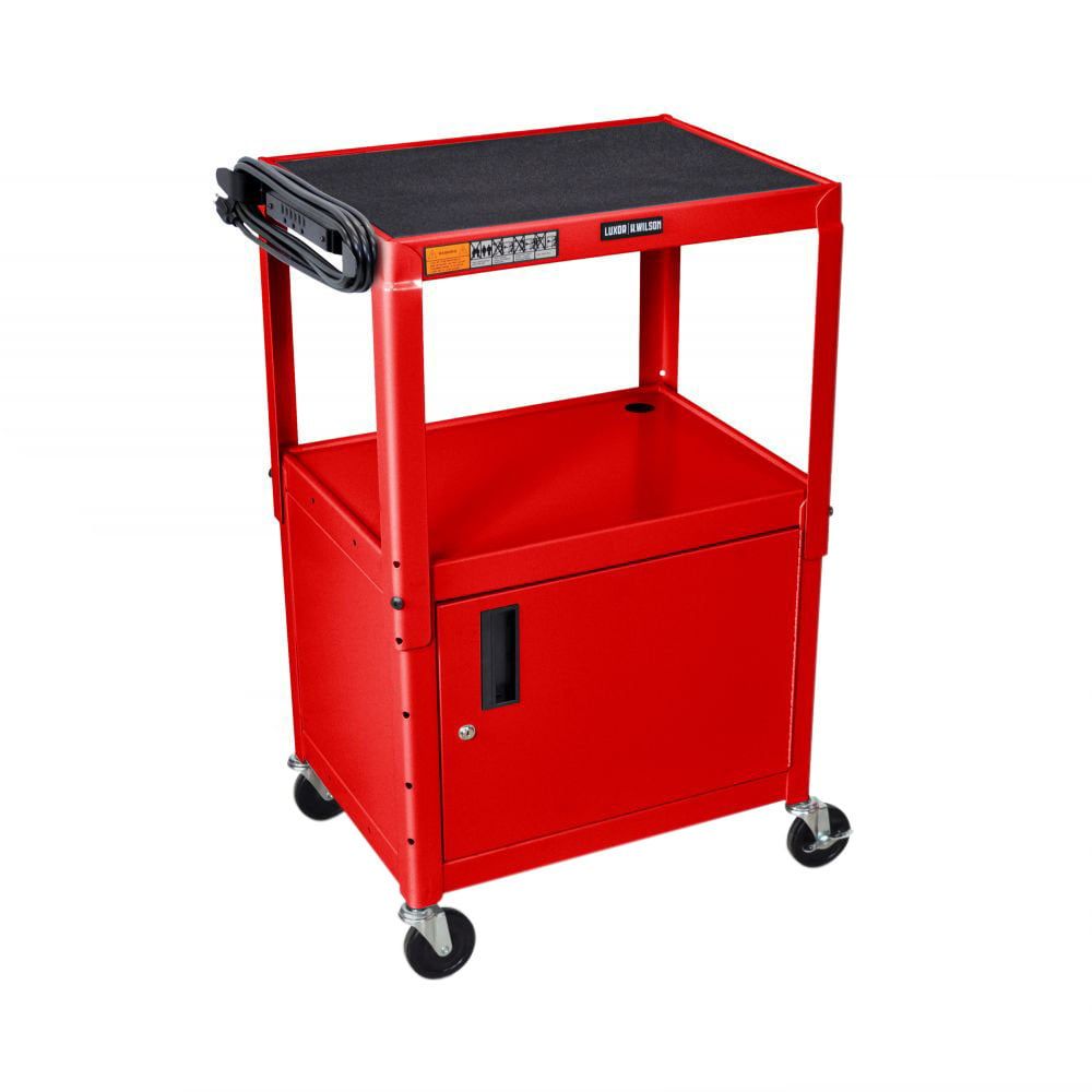 Red Adjustable Height Steel AV Cart with Lockable Cabinet