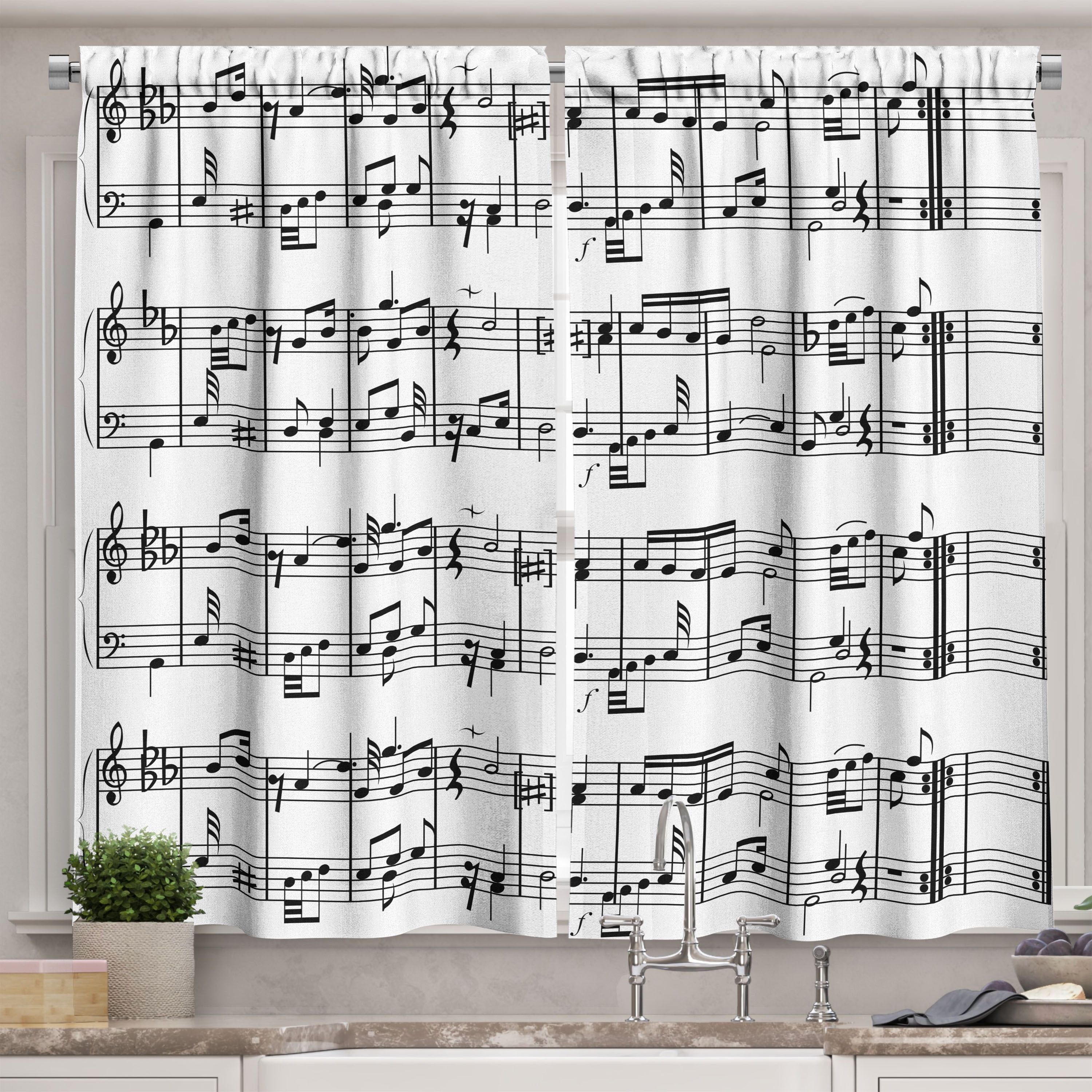 Black and White Musical Notes Polyester Kitchen Curtains