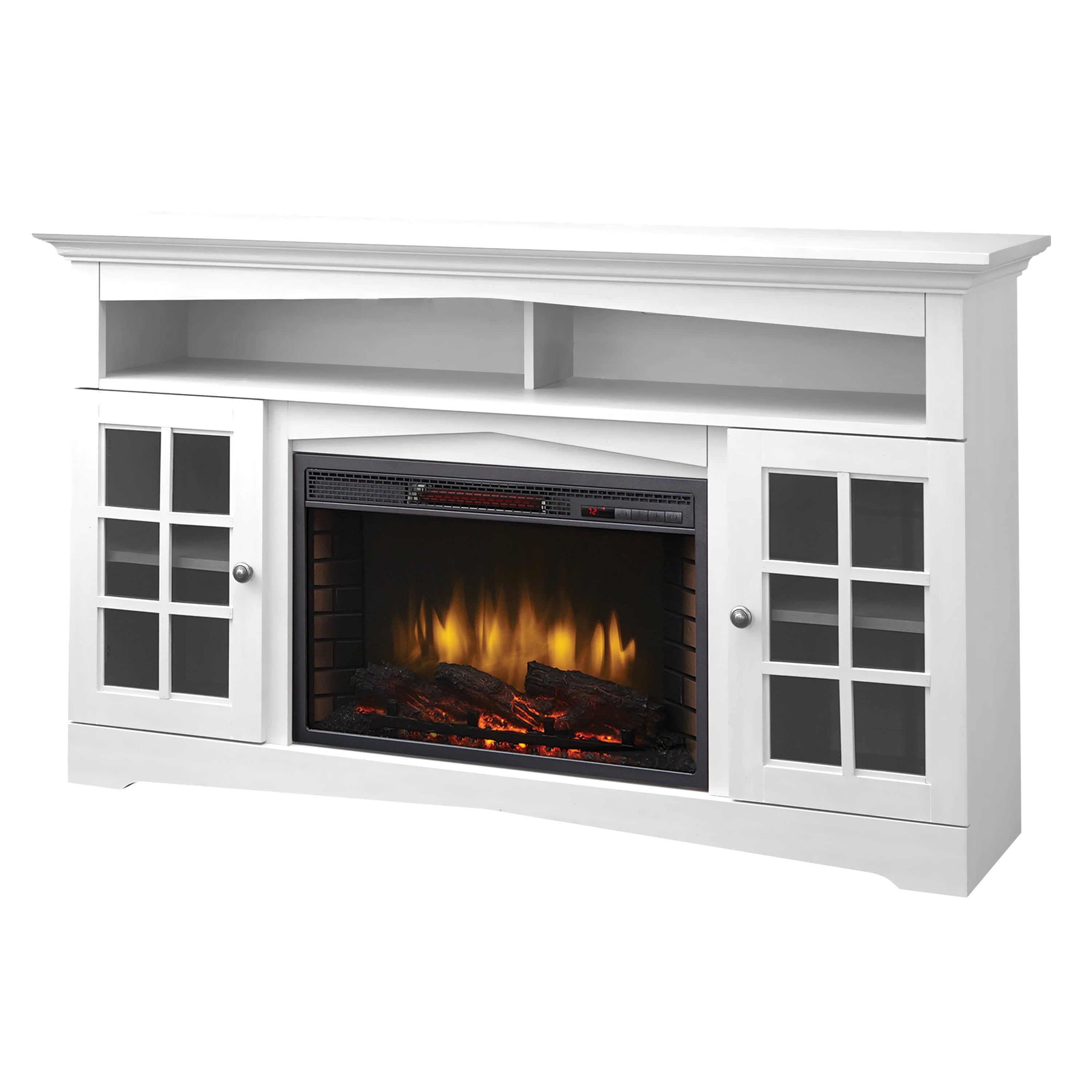 White 59" TV Stand with Electric Fireplace and Glass Cabinets