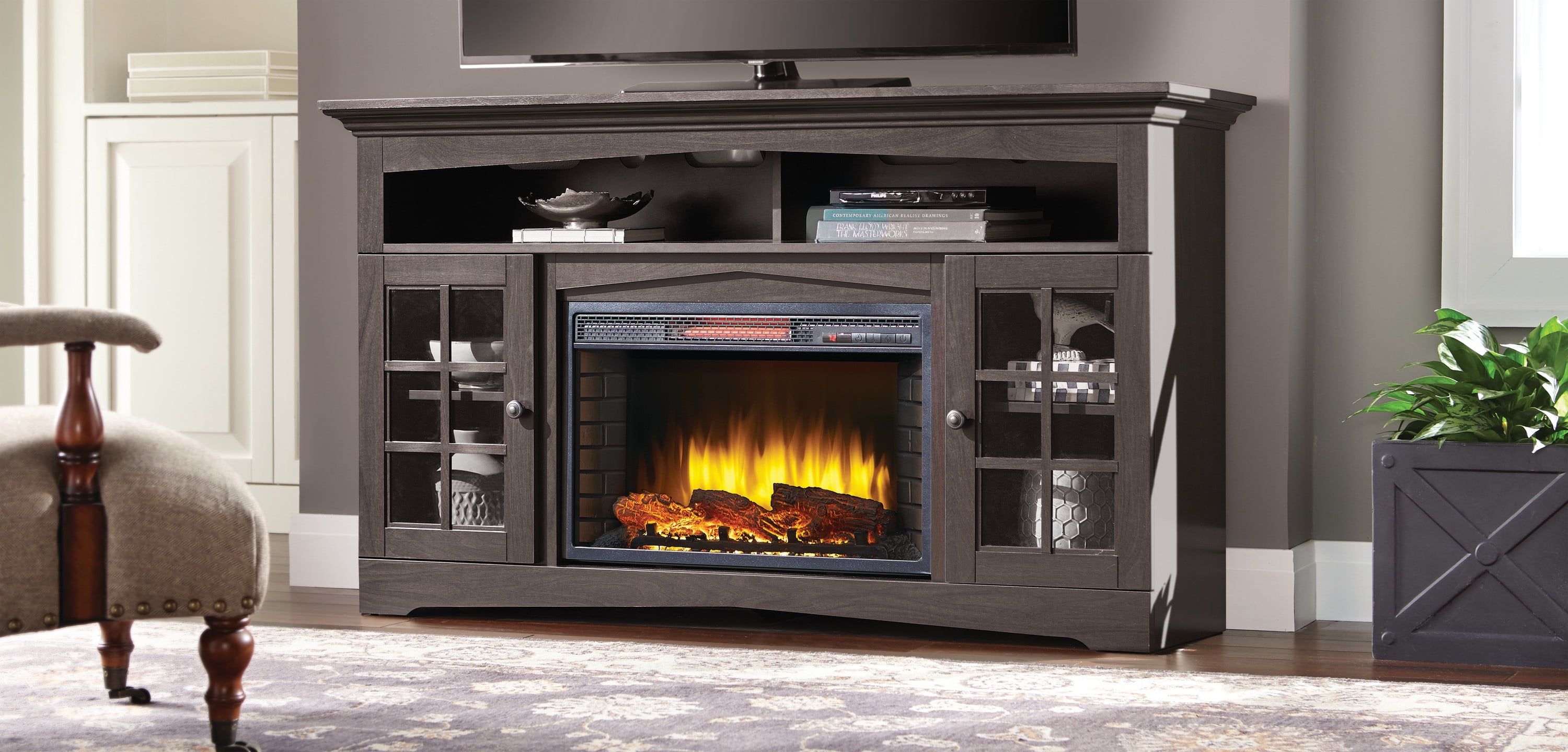 Espresso 59'' Media Console with Electric Fireplace and Glass Cabinets