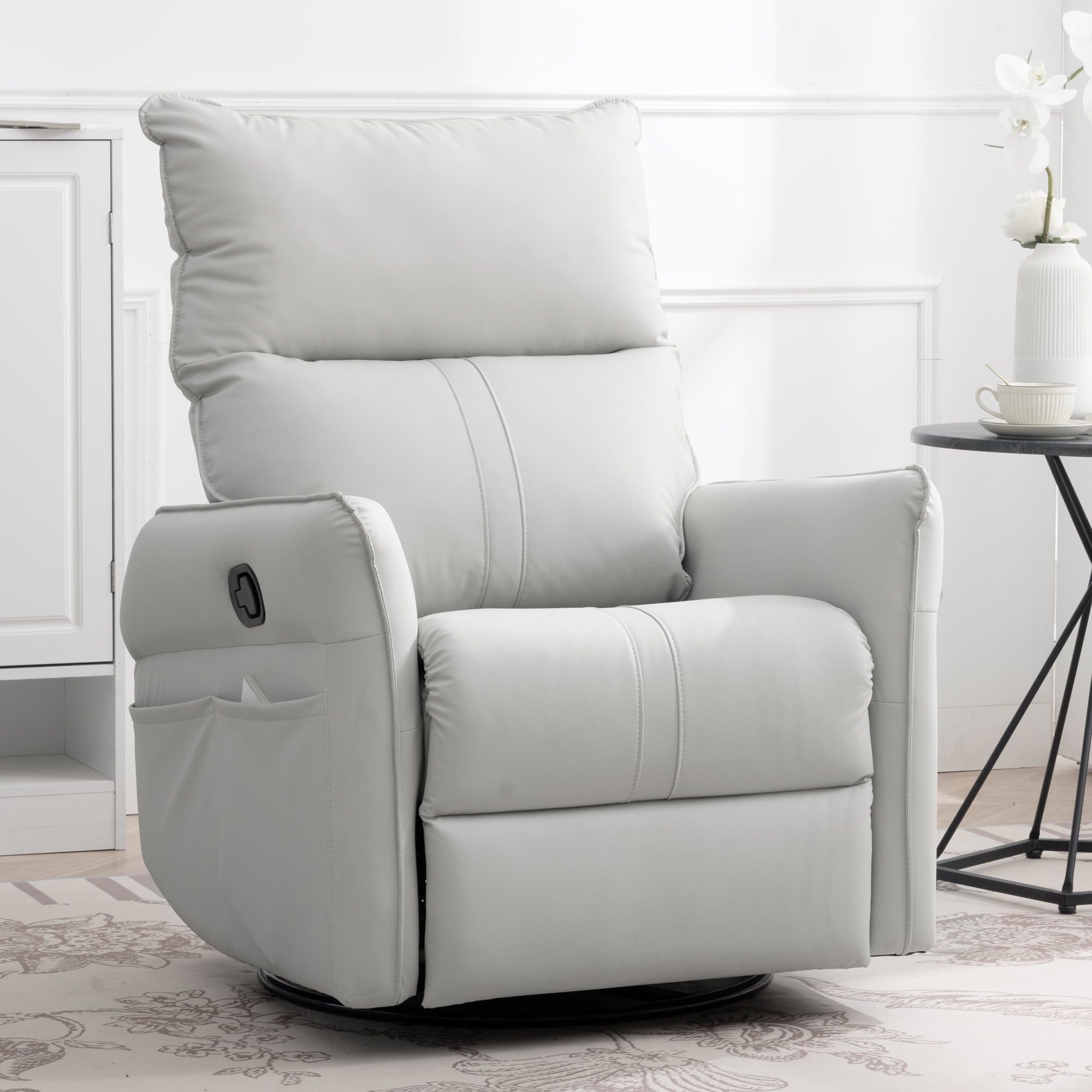 Light Grey Faux Leather Swivel Recliner with Wood Frame