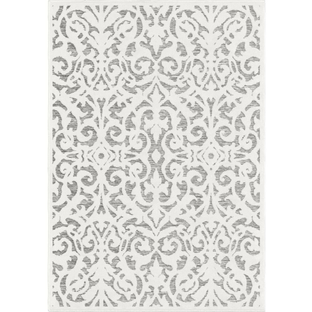 Natural Gray Damask Indoor/Outdoor Polypropylene Area Rug