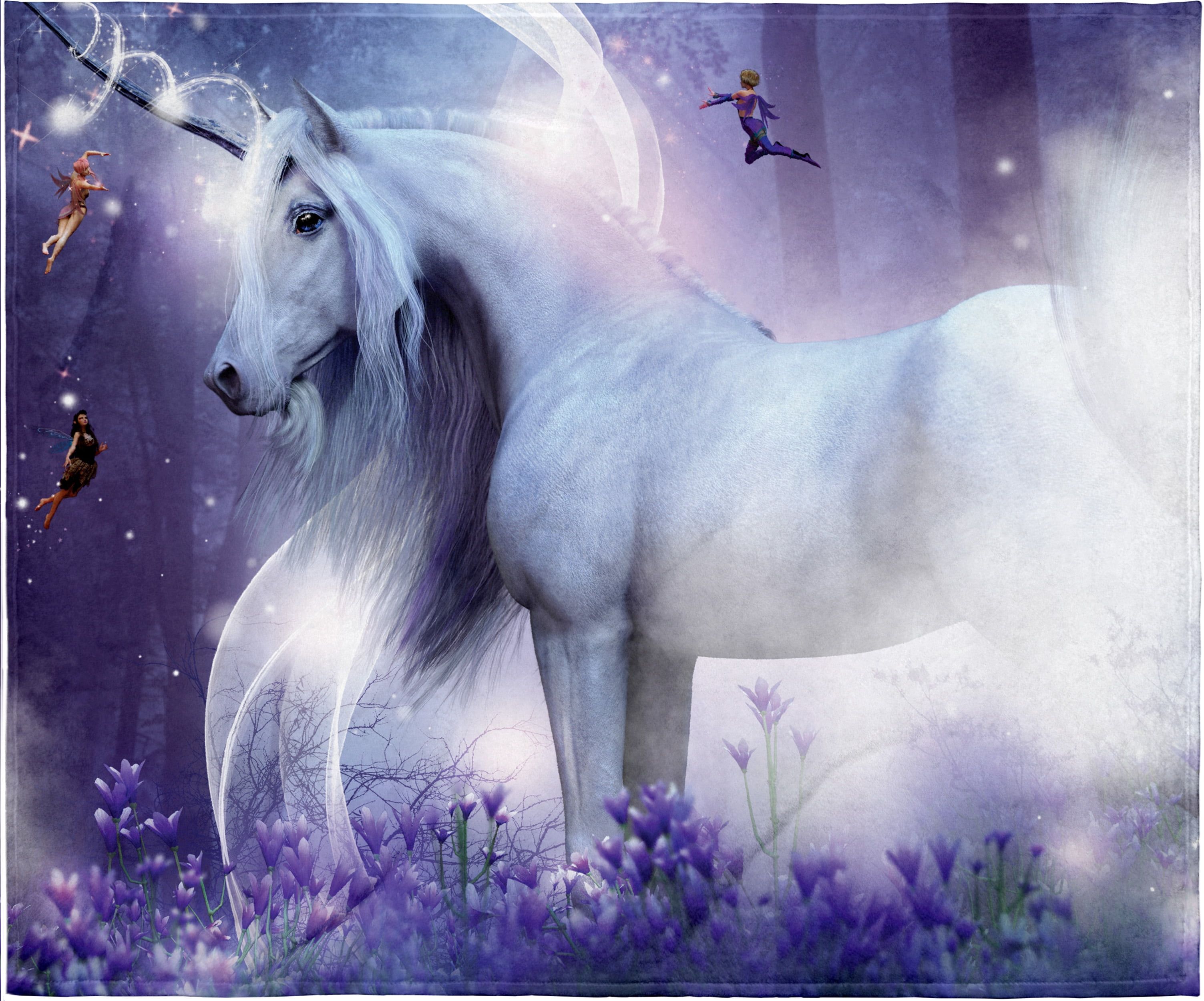 Mystical Unicorn and Fairies Purple Fleece Throw Blanket 50" x 60"