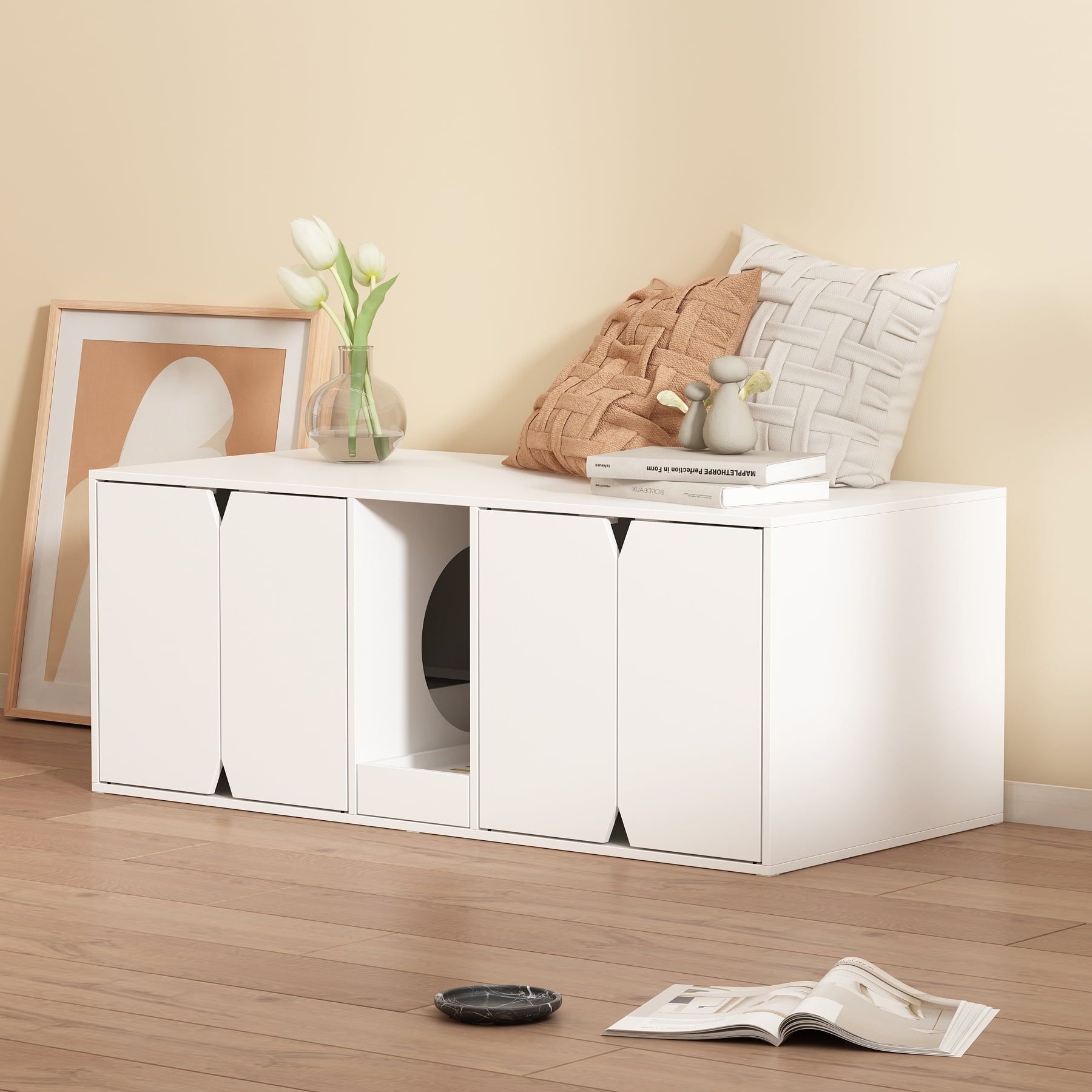 White Wooden Cat Litter Box Enclosure with Storage Cabinet