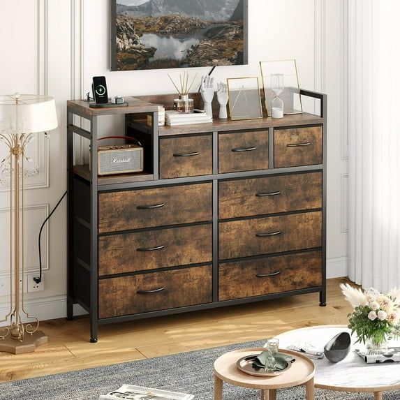 Brown Steel Frame TV Stand Dresser with 9 Drawers
