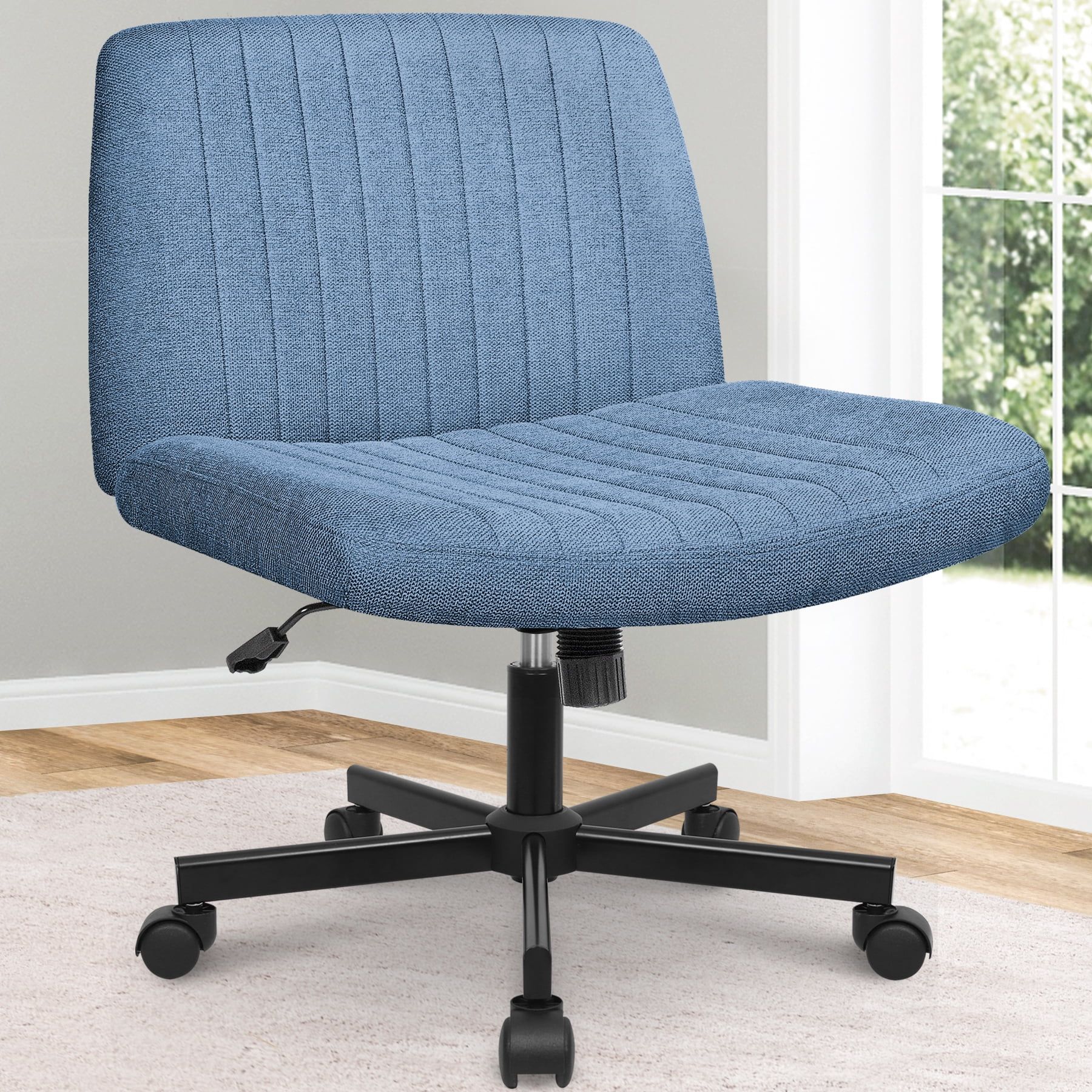 Blue Fabric Armless Ergonomic Swivel Office Chair with Wheels