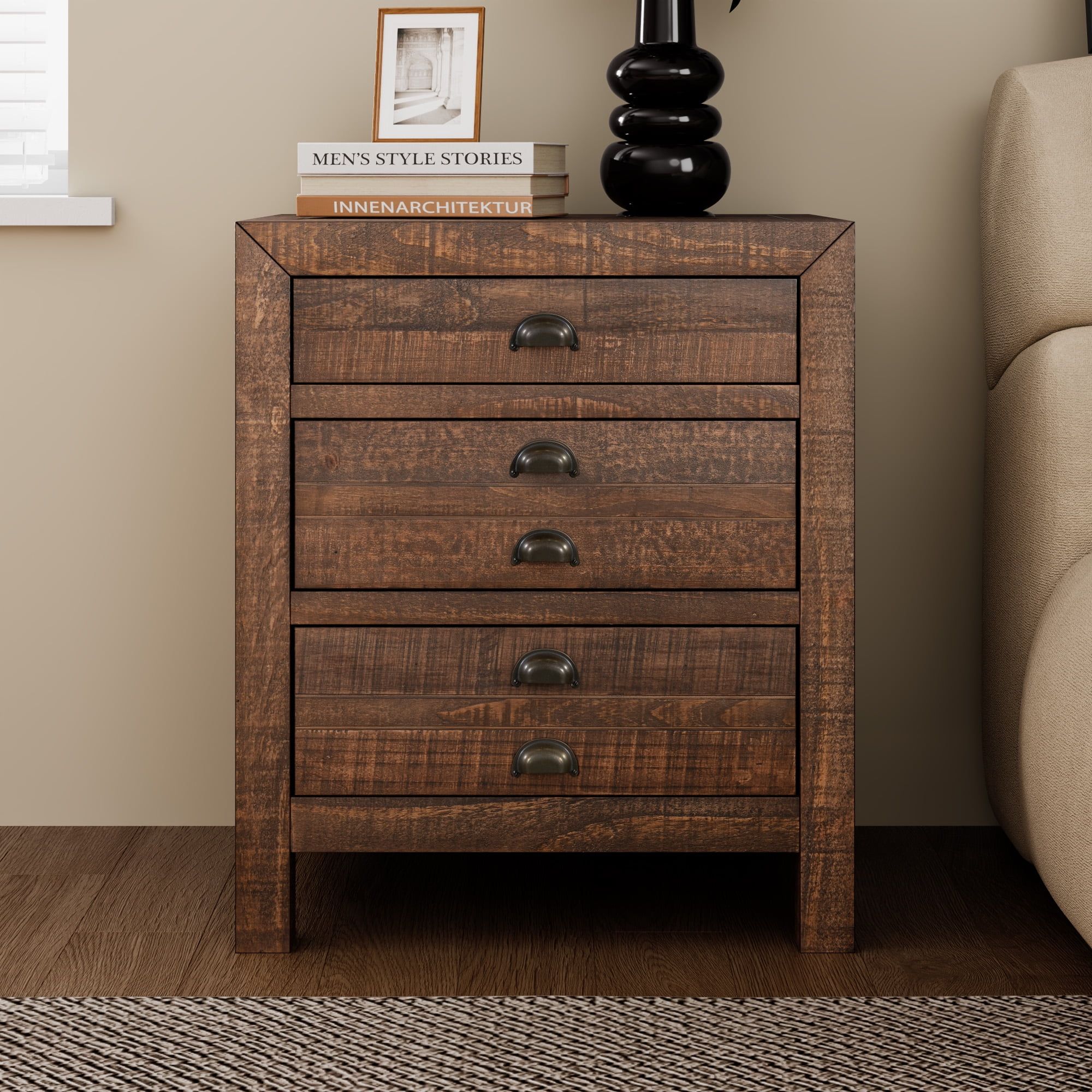 Rustic Brown Solid Pine Wood 3-Drawer Nightstand with Cup Pulls