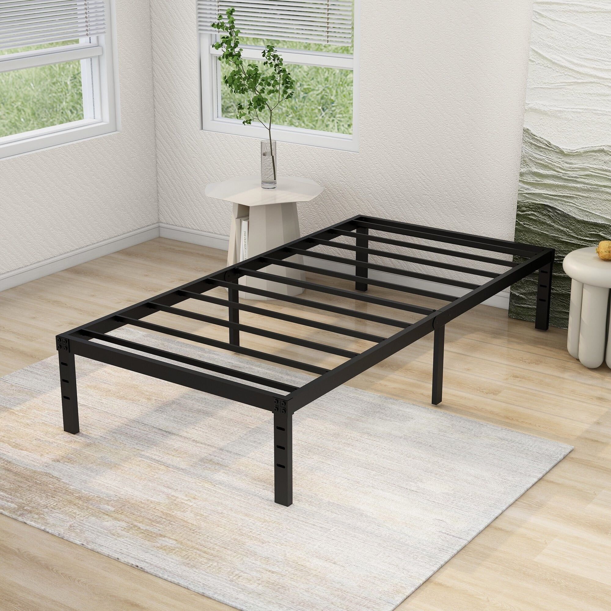 Black Twin Heavy Duty Metal Bed Frame with Drawer and Slats