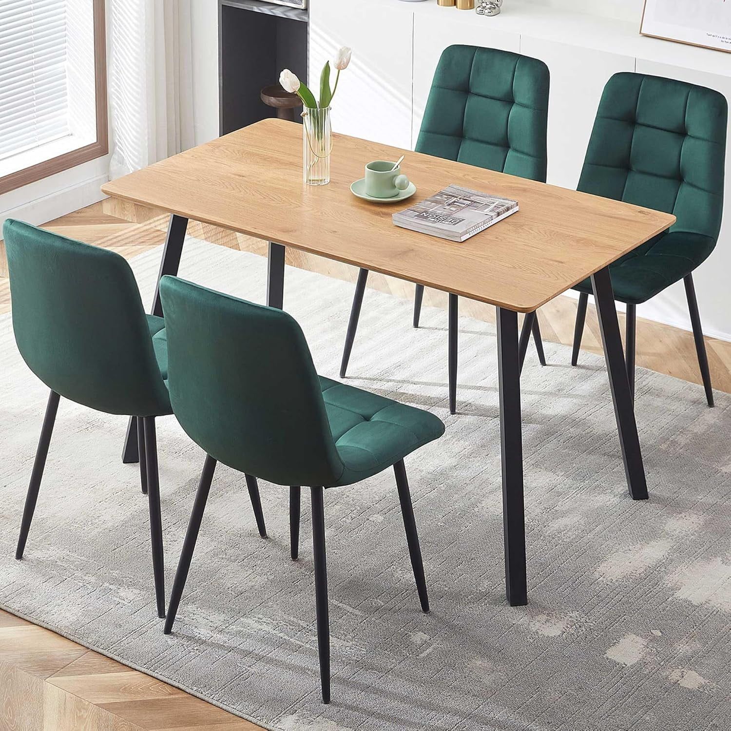 Modern Oak MDF Dining Table with Dark Green Velvet Chairs