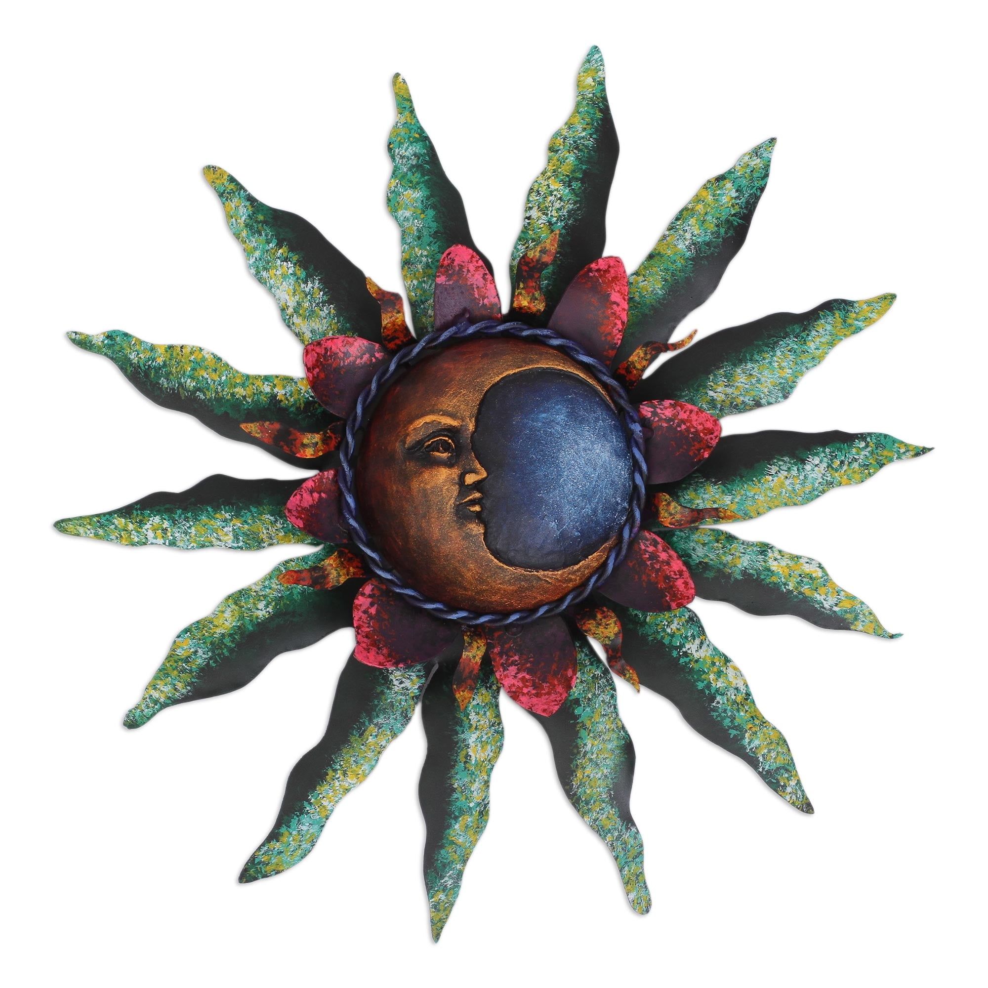 Handcrafted Green and Red Steel Sunburst Wall Sculpture