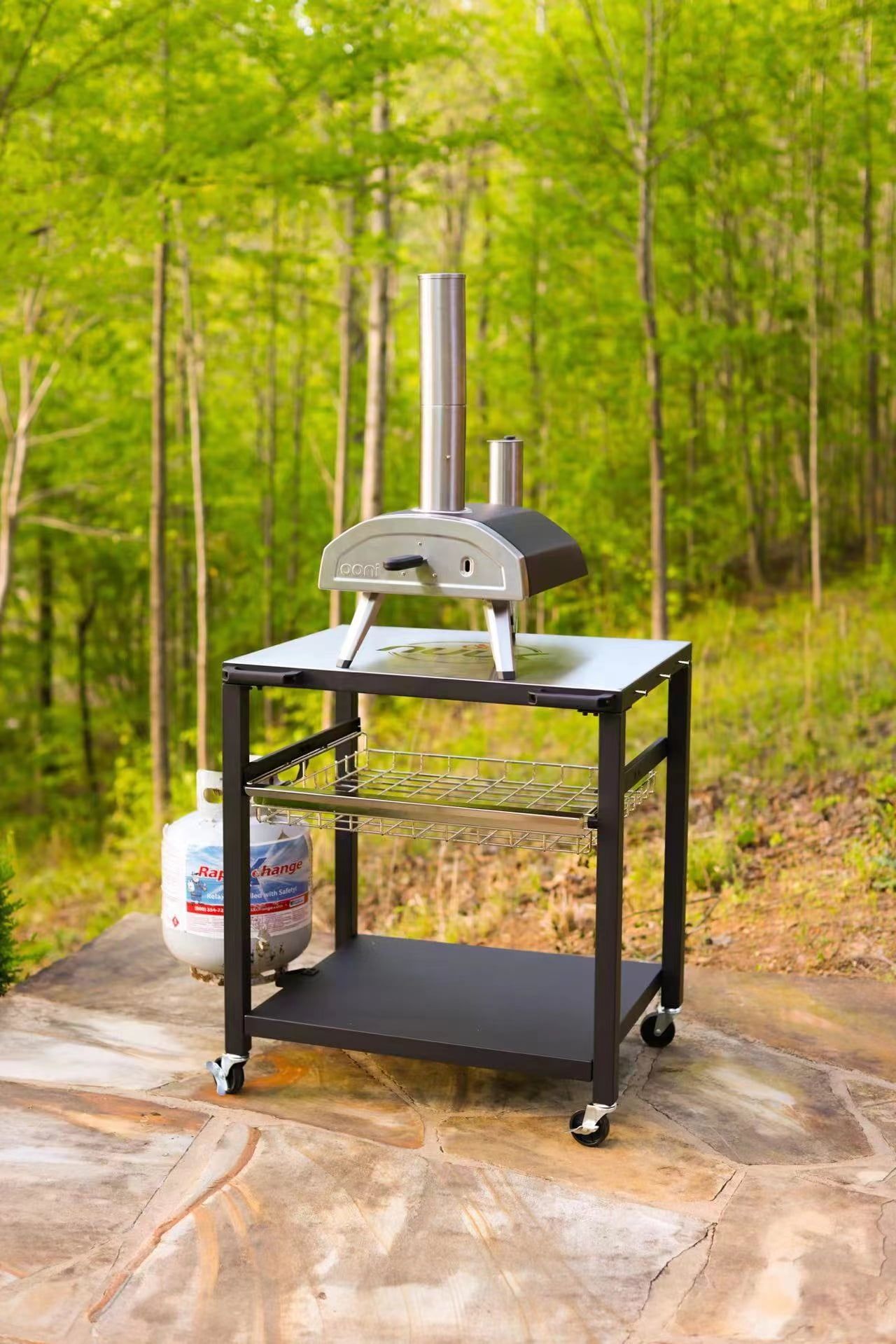 NUUK Stainless Steel Rolling Outdoor Pizza Oven Table with Shelves