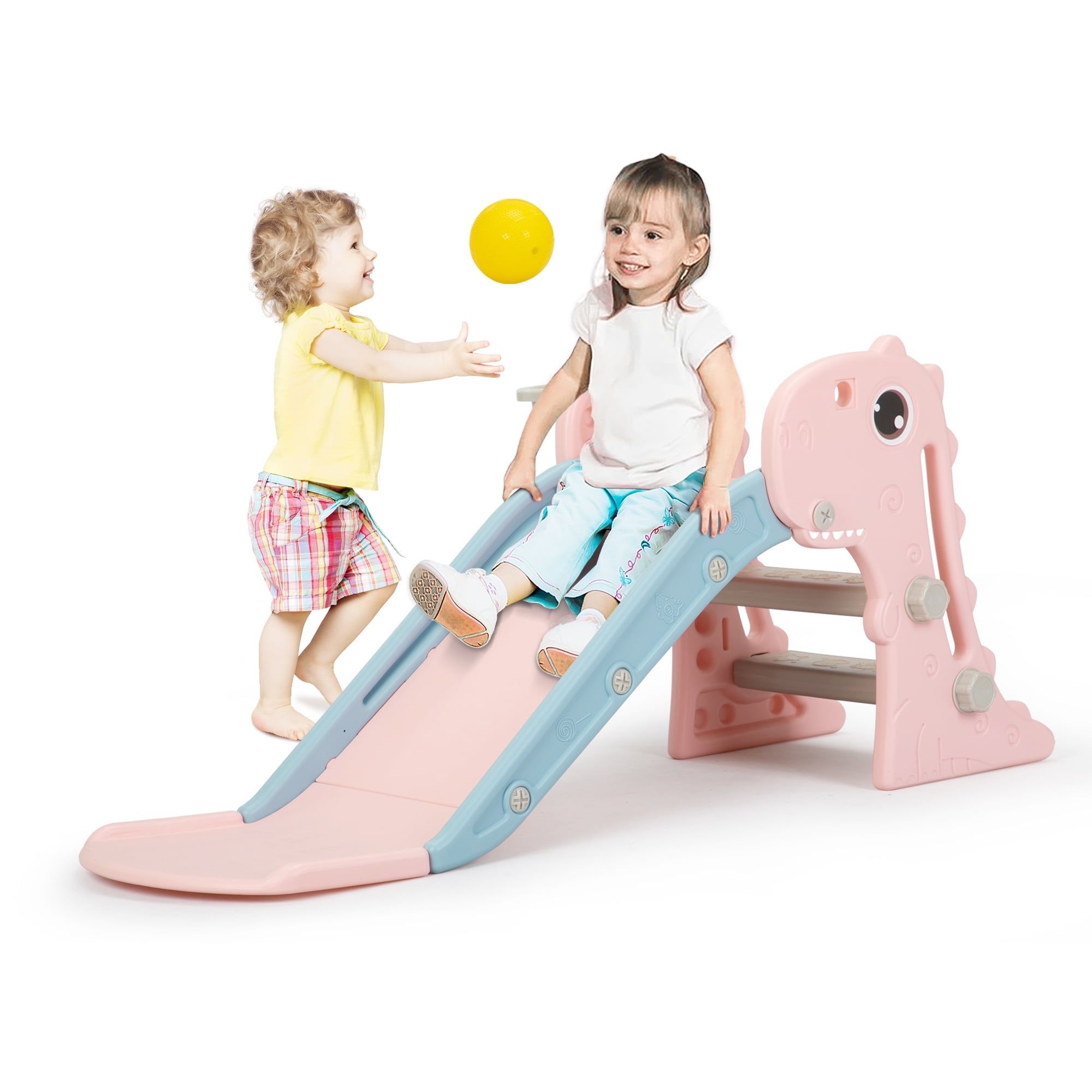 Pink Foldable Toddler Slide with Climbing Ladder and Basketball Hoop