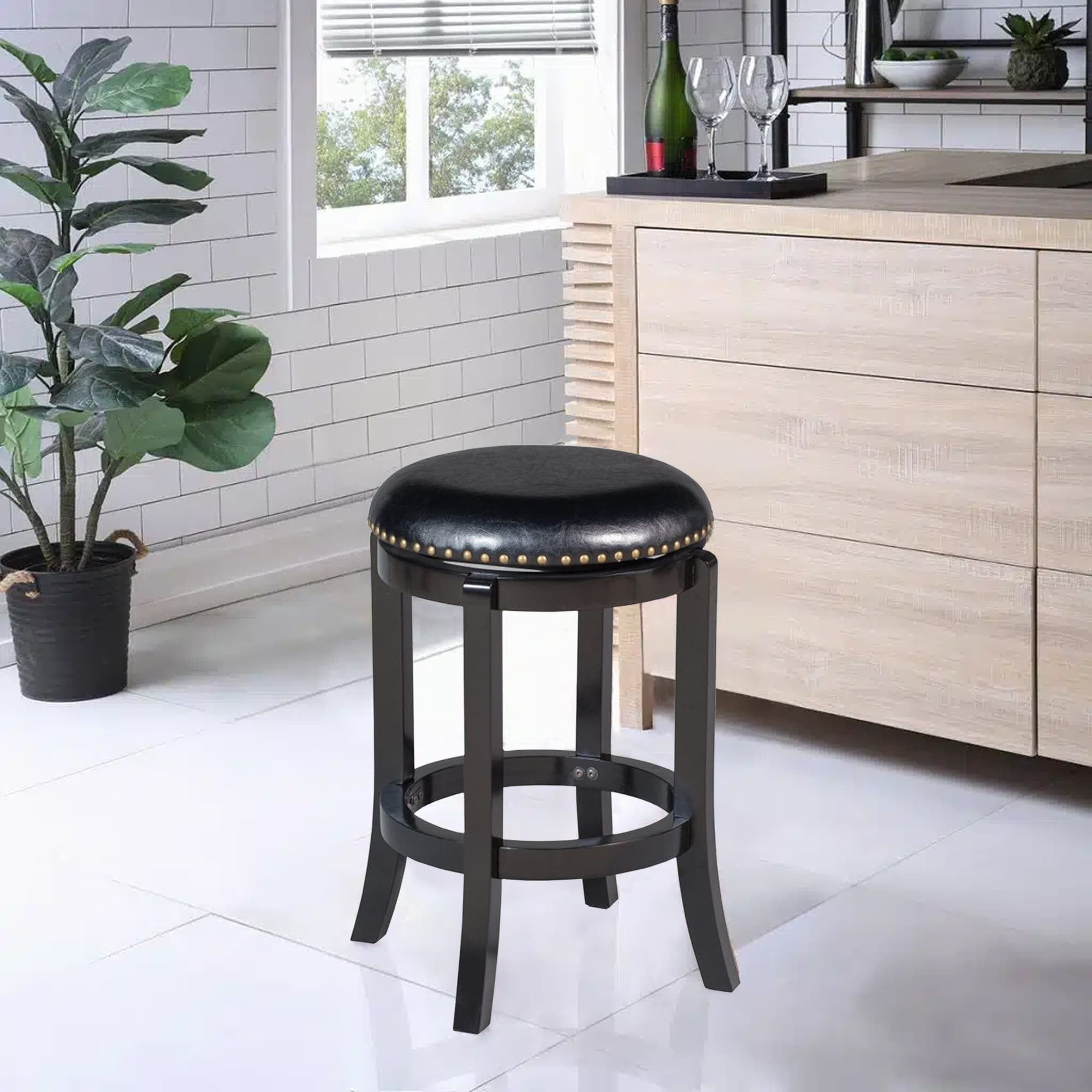 Transitional Black Faux Leather Swivel Counter Stool with Nailhead Trim