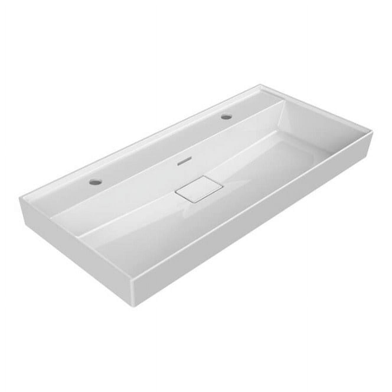 White Ceramic Wall-Mount Trough Sink with Integrated Drain