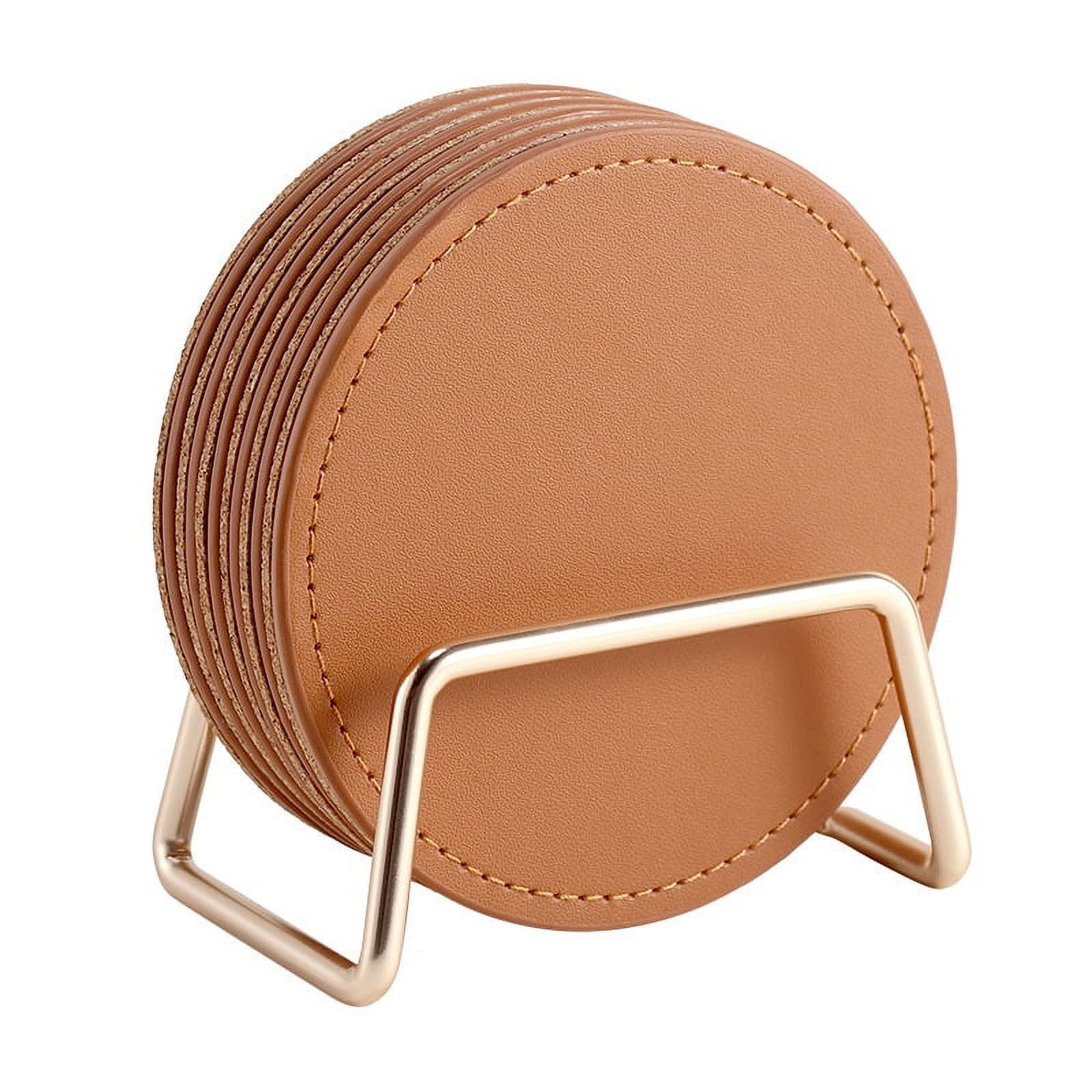 Brown Faux Leather Coaster Set with Gold Metal Holder