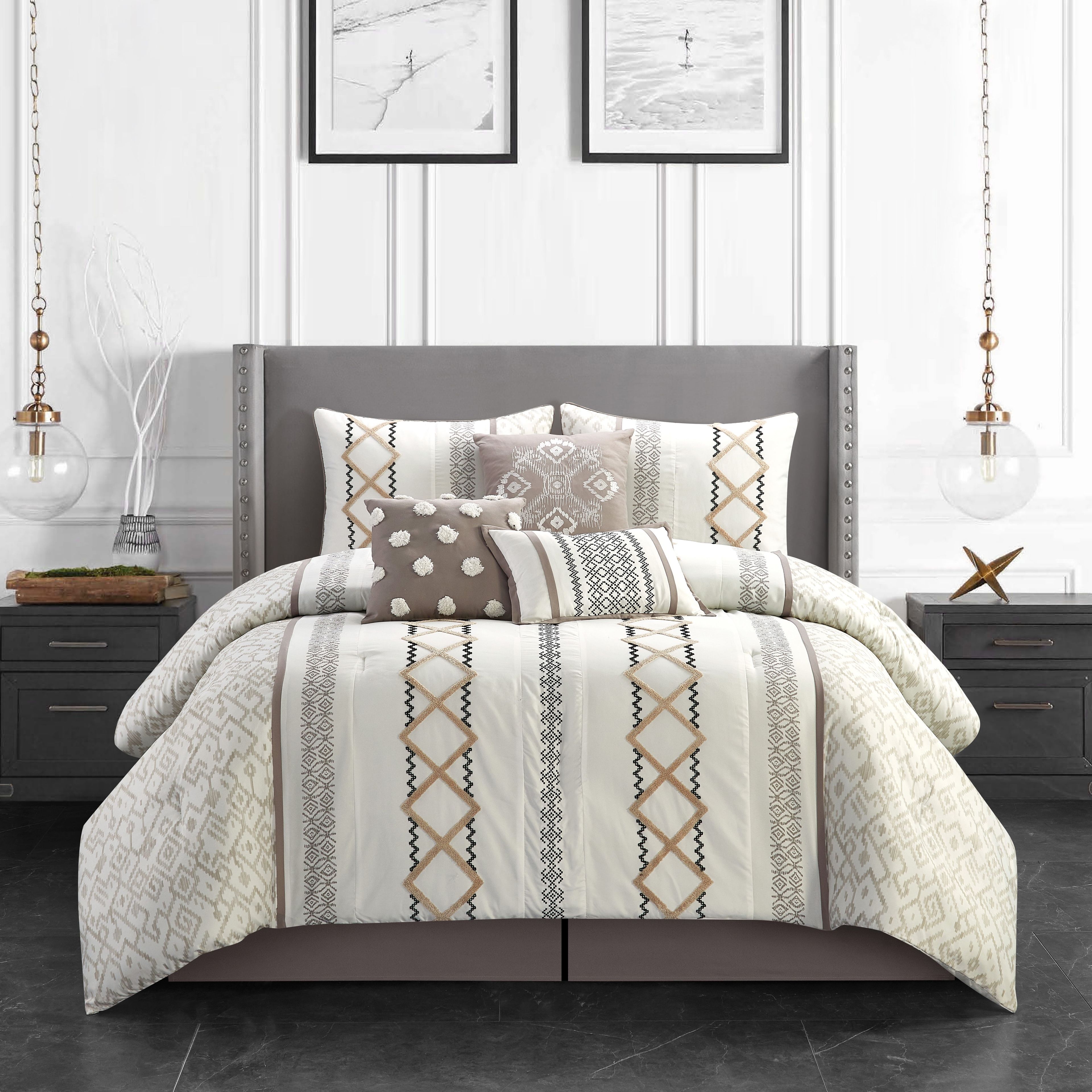 Taupe and White Geometric Microfiber Queen Comforter Set