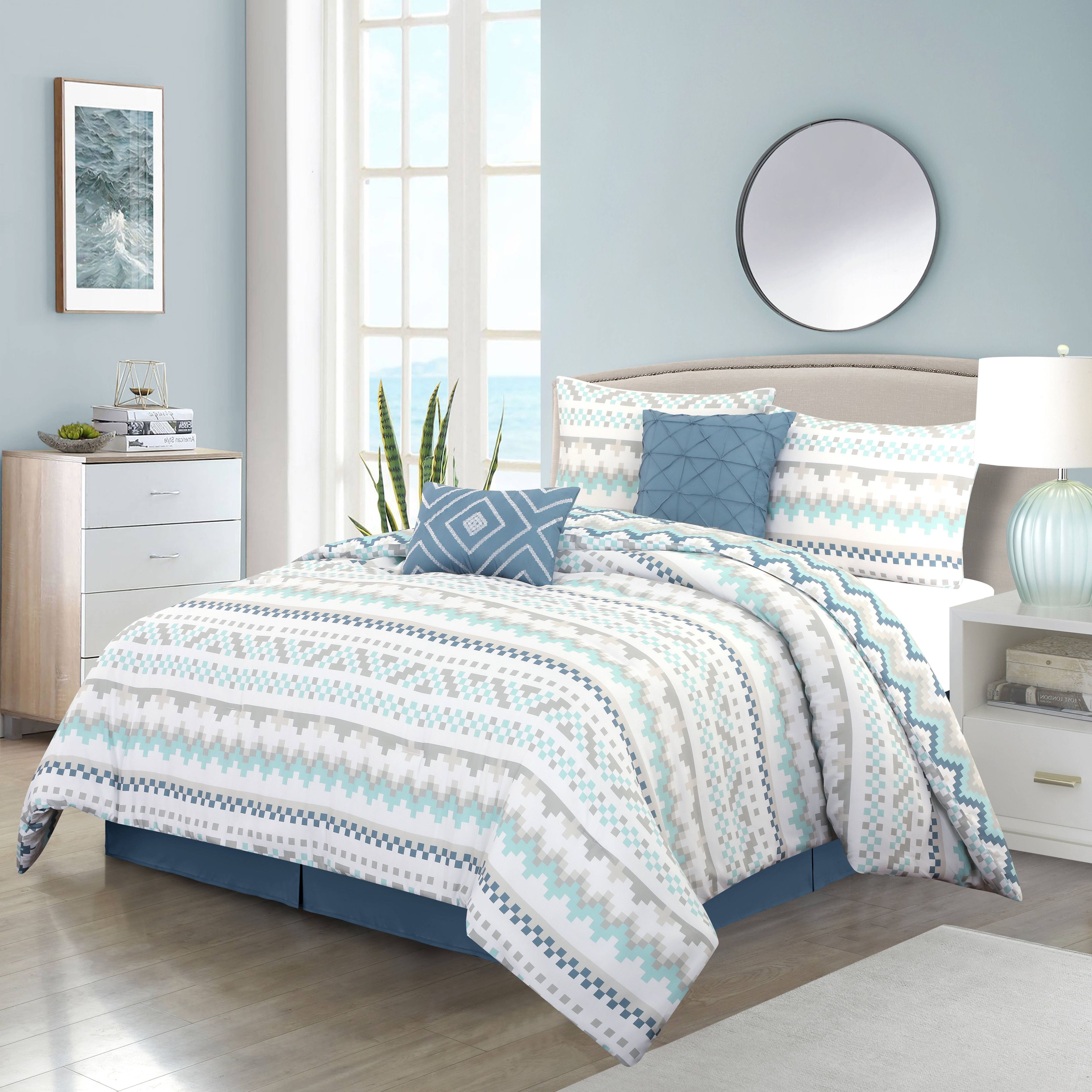 Blue and Gray Geometric Microfiber Queen Comforter Set