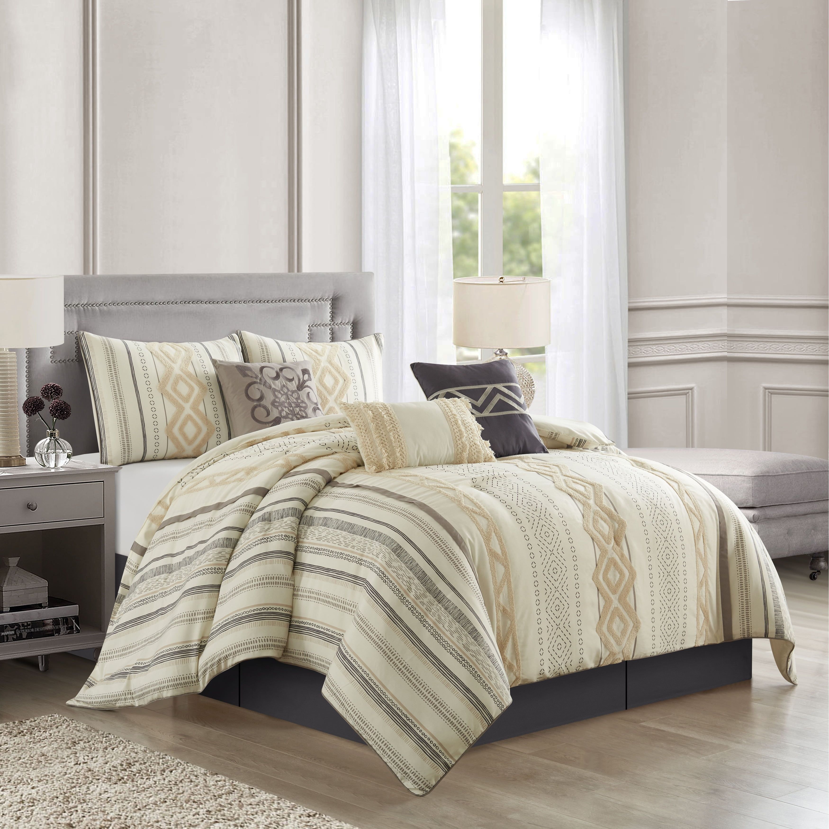 Ivory and Beige Geometric Queen Comforter Set with Embroidery, 7 Piece