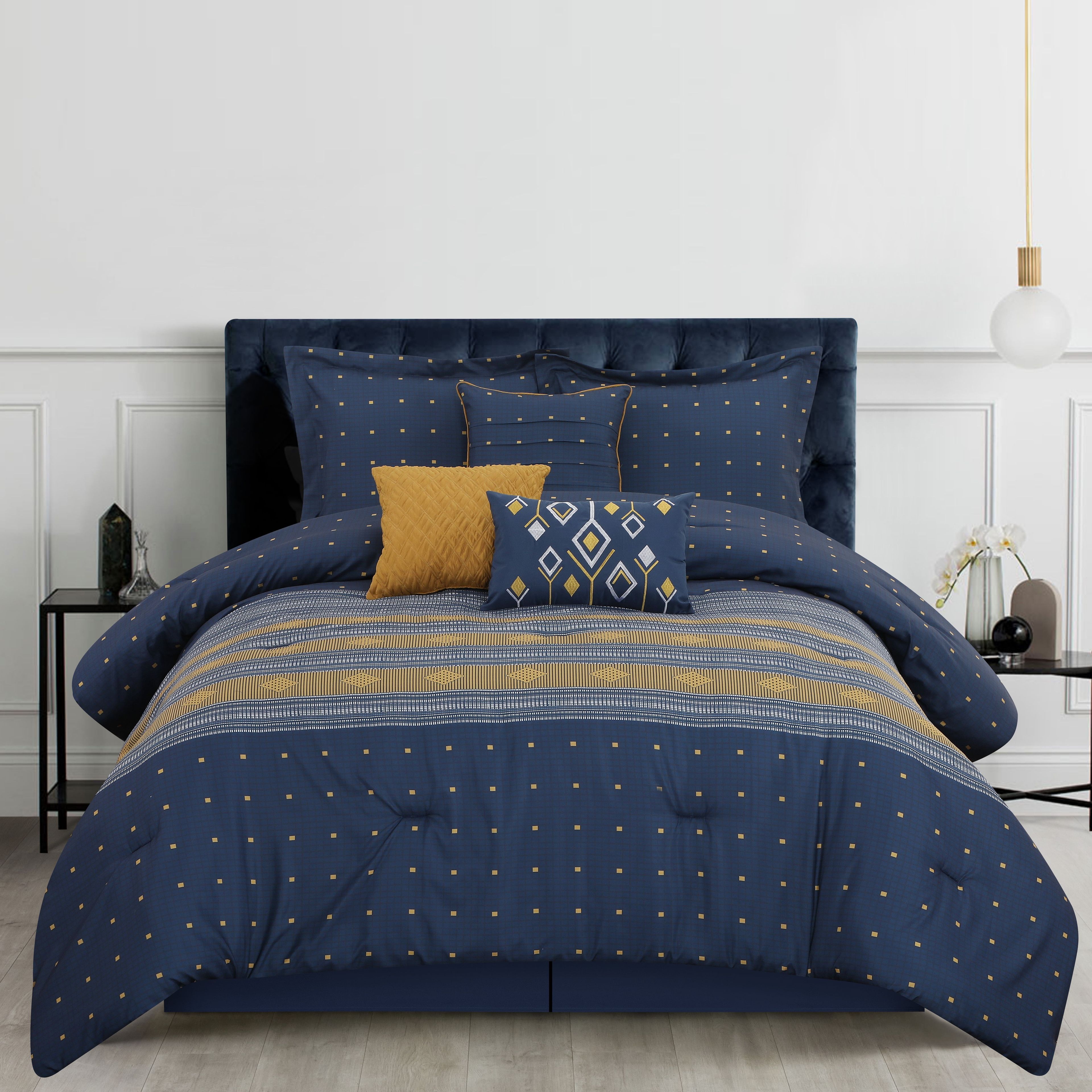 Navy Boho Geometric Microfiber Queen Comforter Set