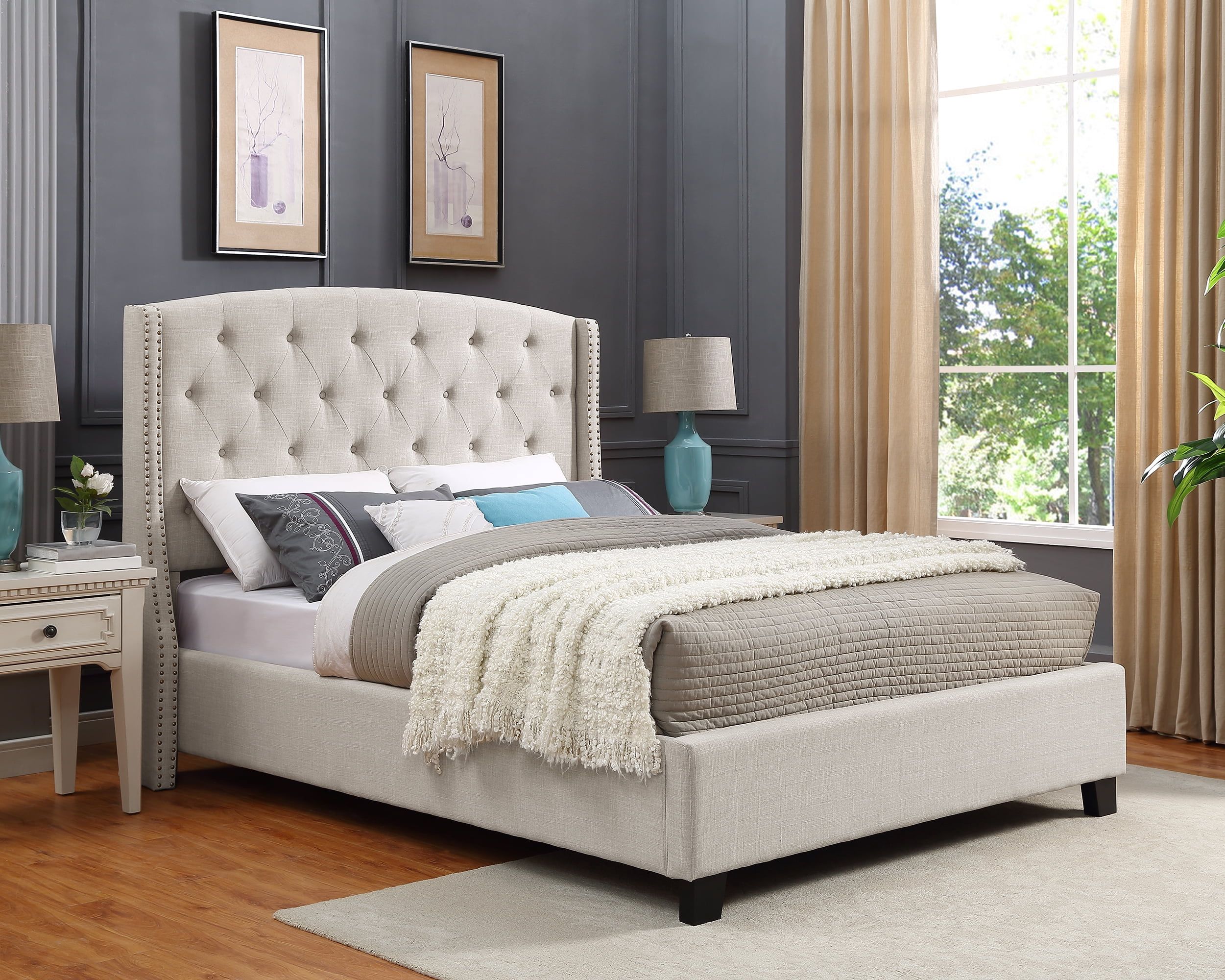 Elegant Pewter King-Sized Wood Frame Upholstered Bed with Tufted Headboard