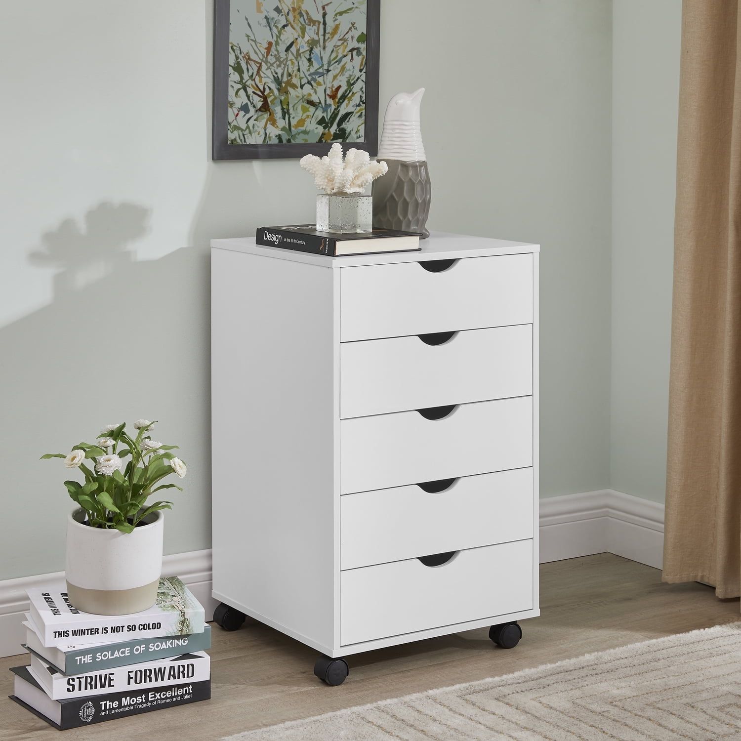 White 5-Drawer Minimalist Dresser with Casters