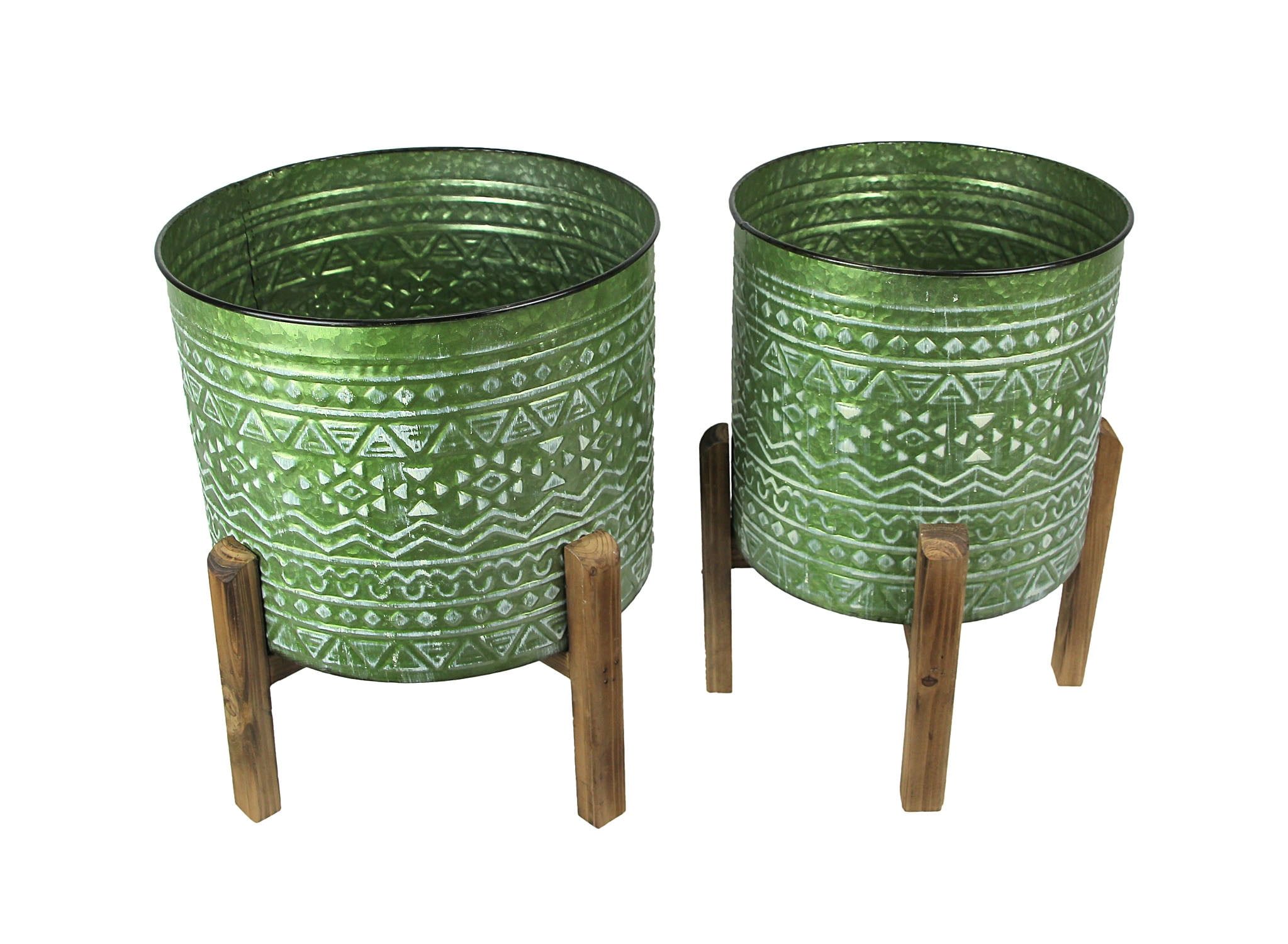 Southwestern Geometric Green Metal Planters with Wooden Stands, Set of 2