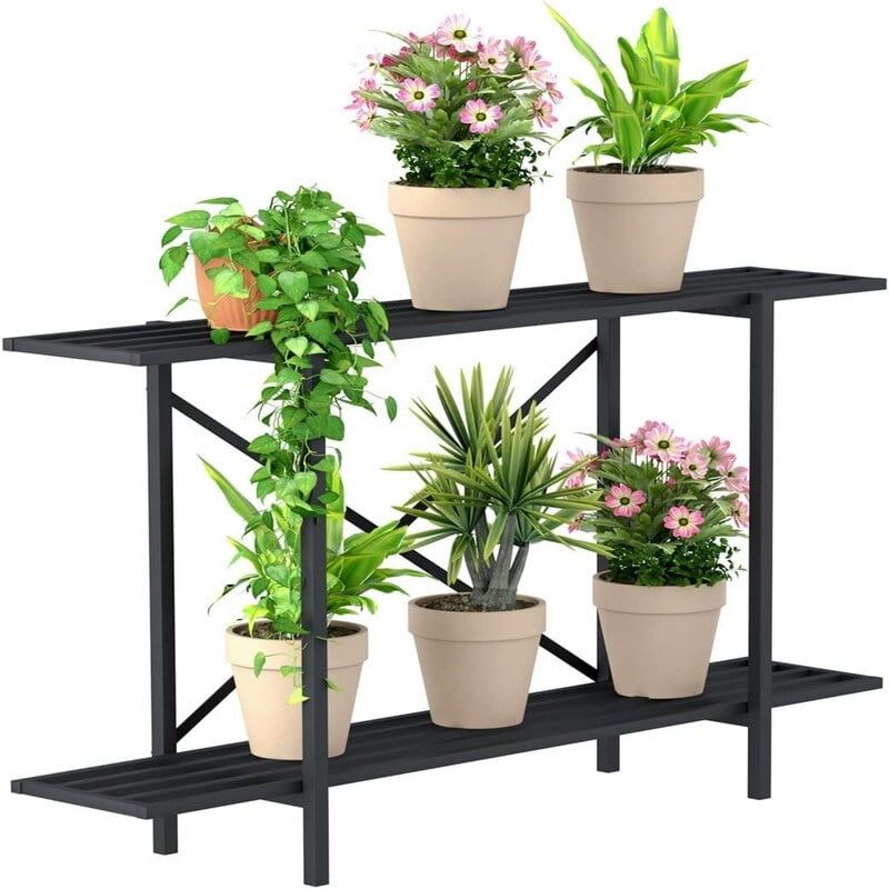 Black Powder Coated 2-Tier Metal Plant Stand with Wheels