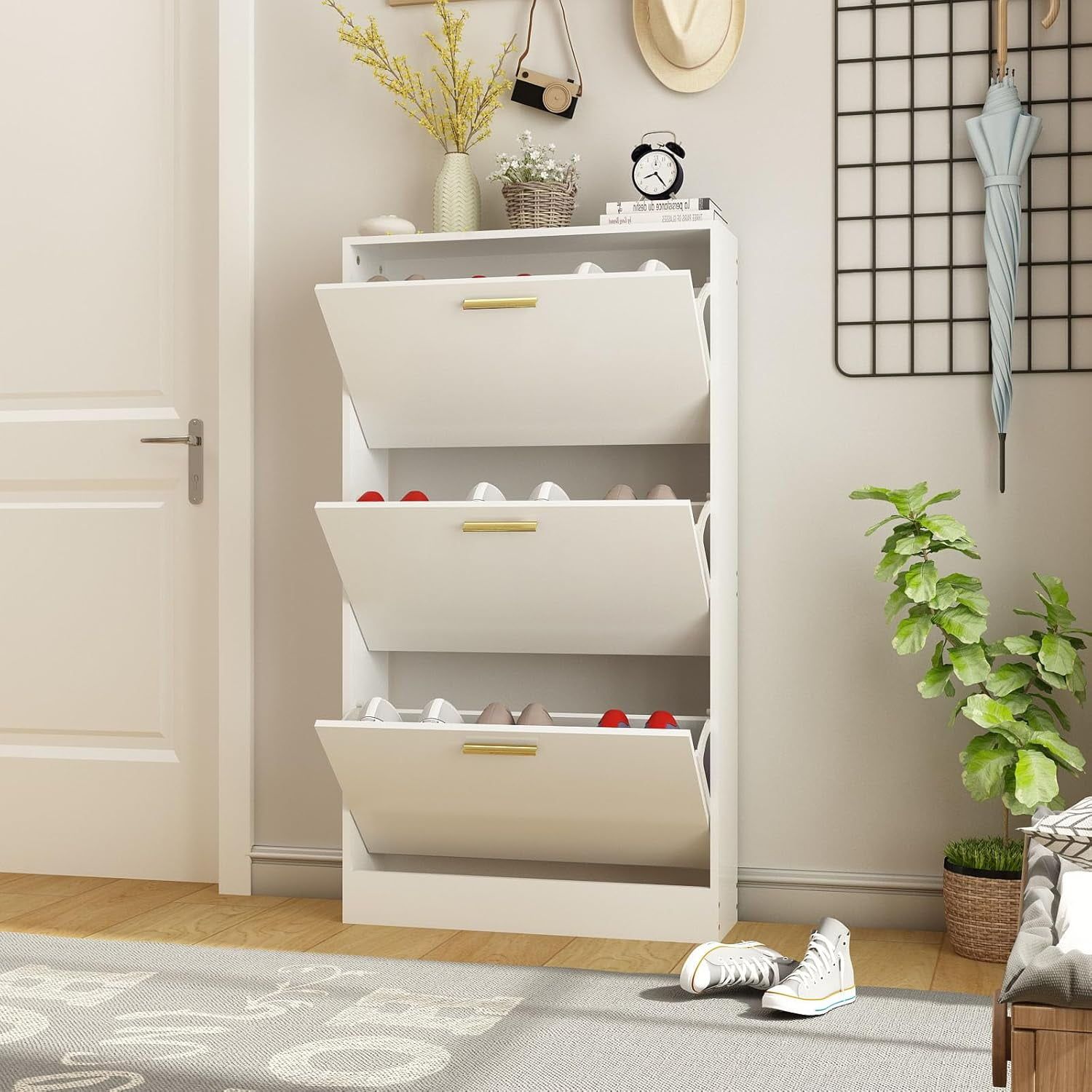 White Narrow Wood Shoe Storage Cabinet with 3 Flip Drawers