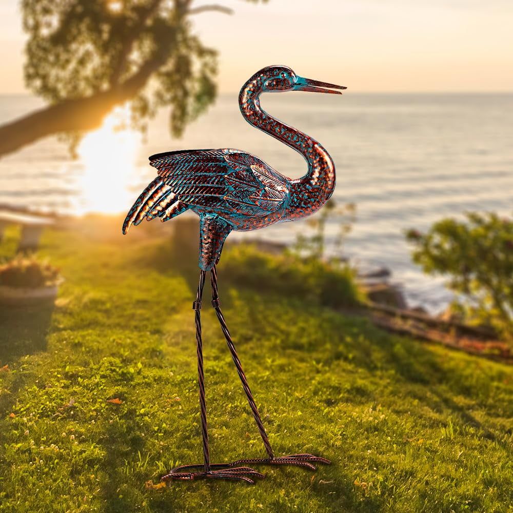 Handmade Patina Metal Crane Garden Statue for Outdoor Decor