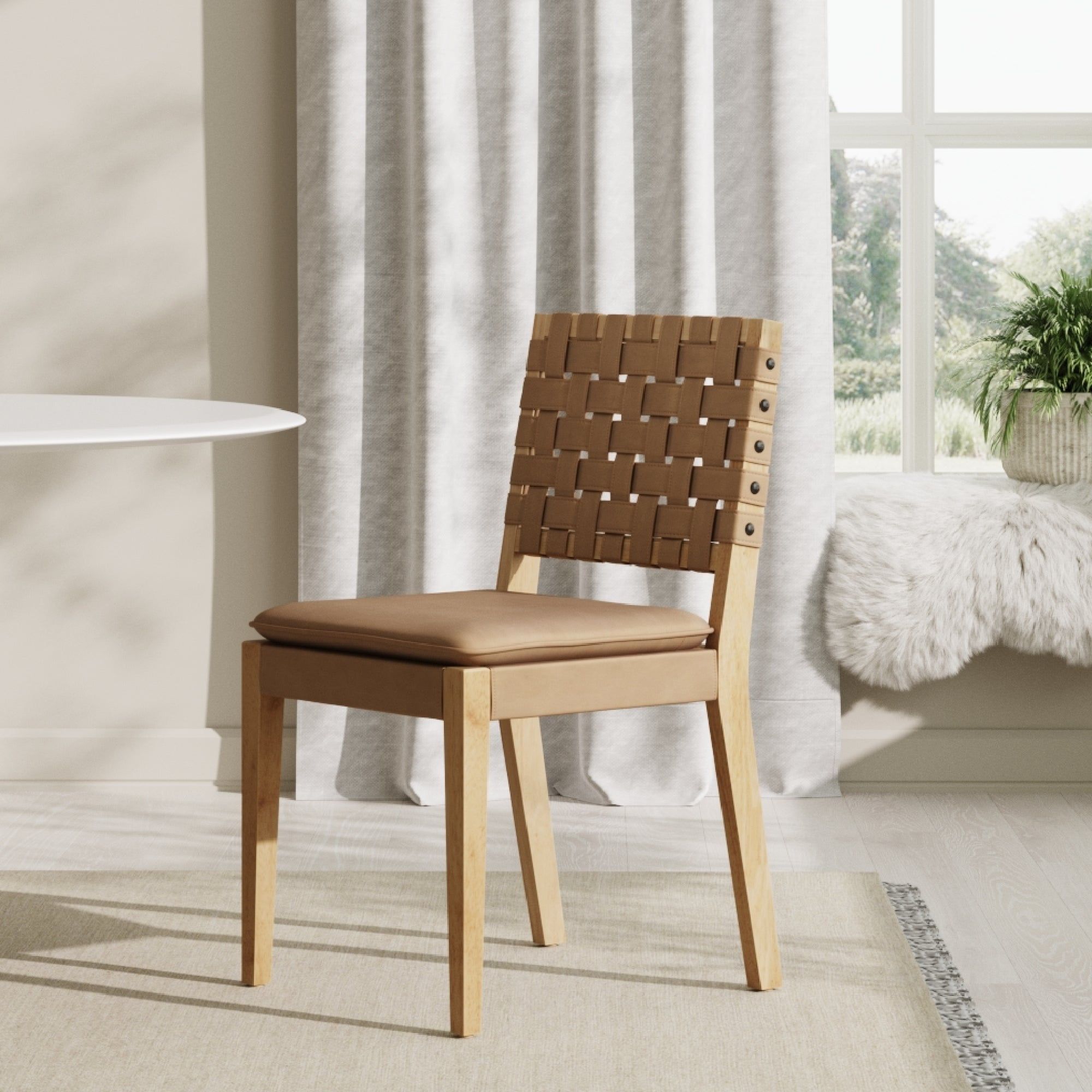 Light Brown Faux Leather Upholstered Side Chair with Wood Frame