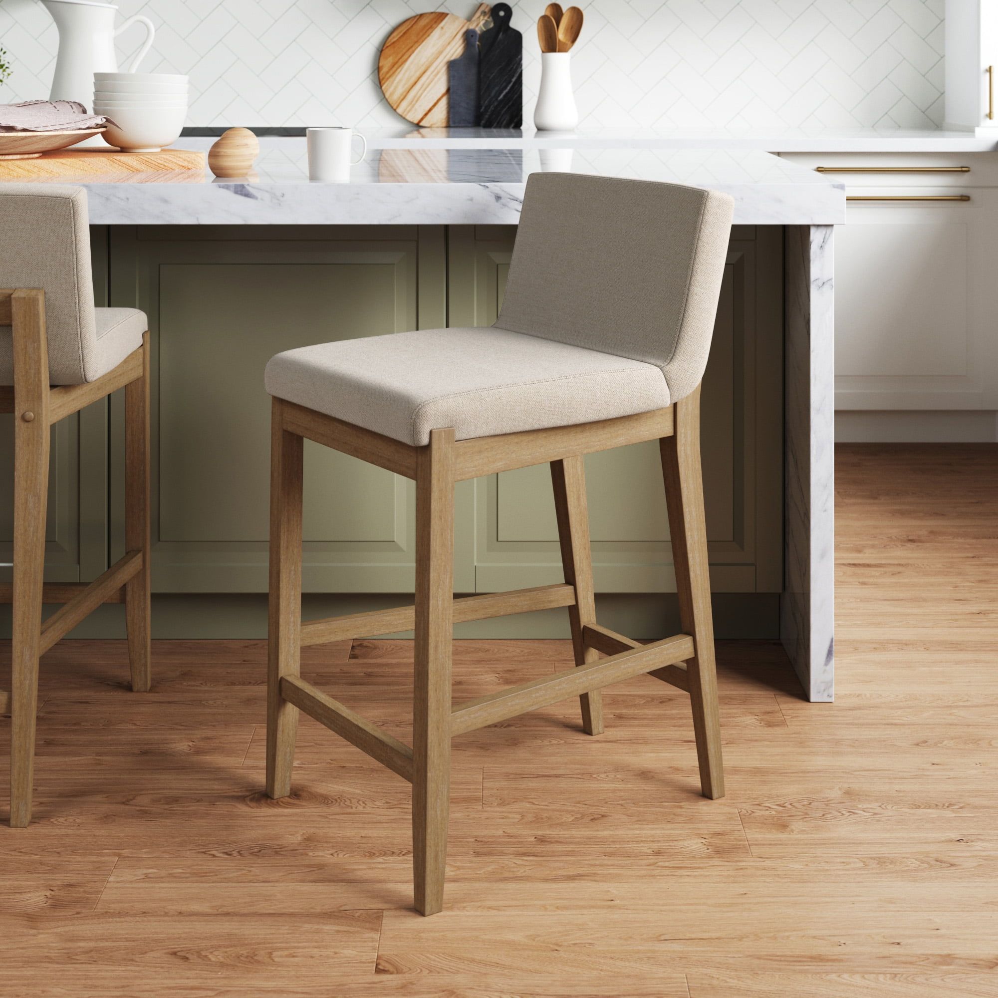 Natural Flax Upholstered Counter Stool with Light Brown Wood Frame