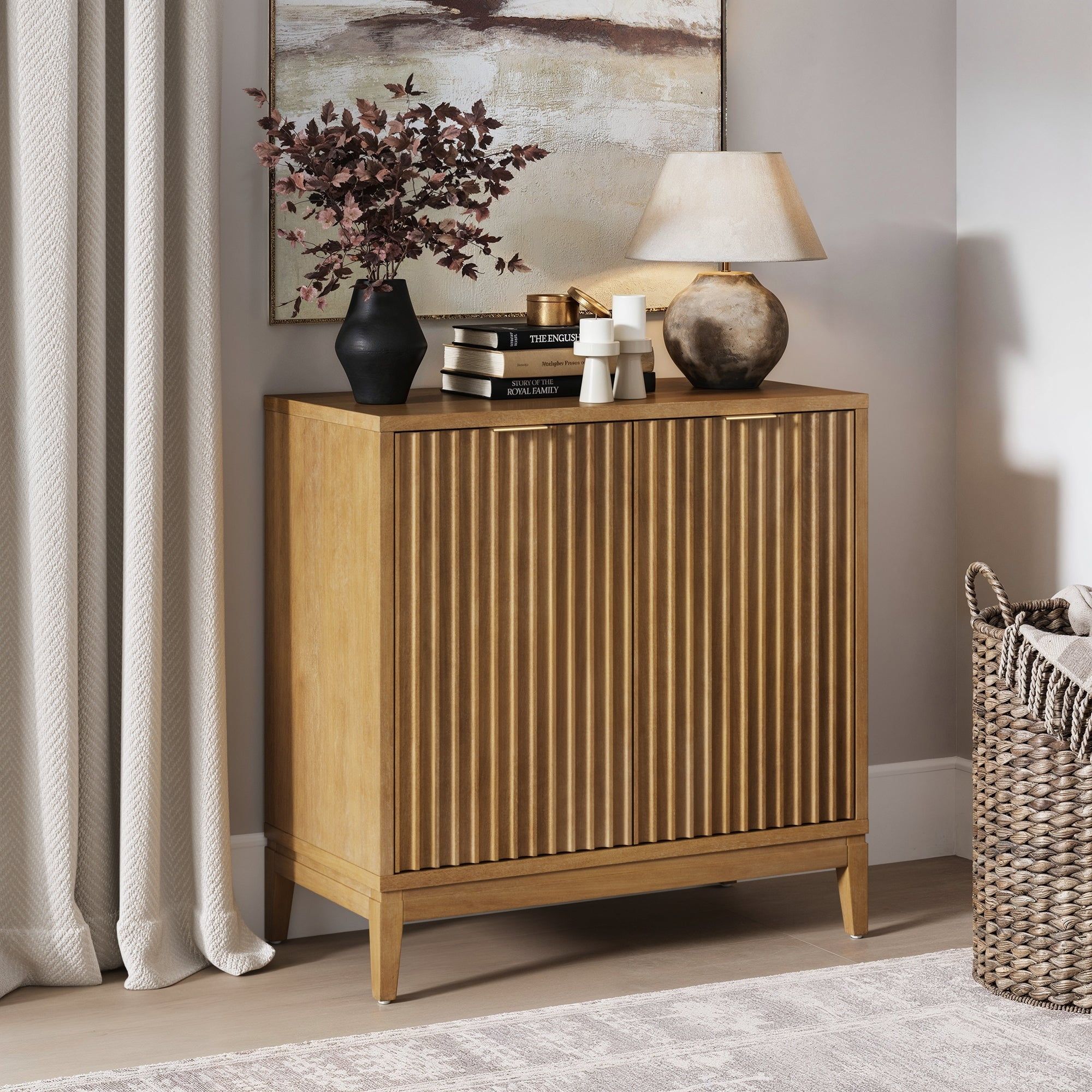 Jasper Light Brown Fluted Wooden Storage Cabinet with Brass Handles