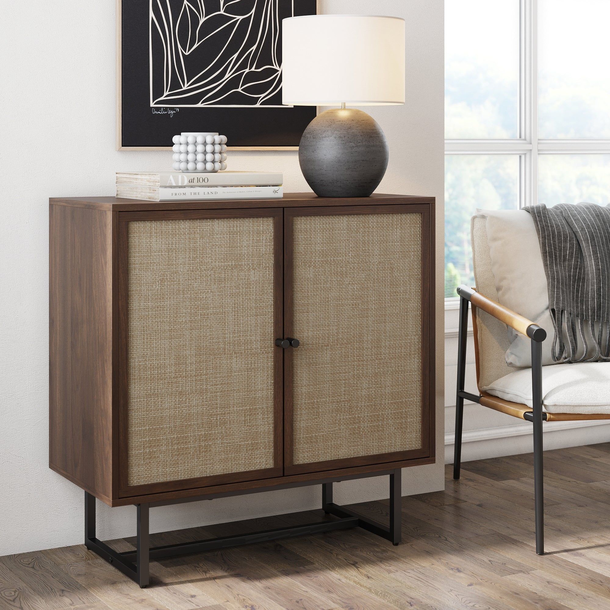 Walnut and Rattan Freestanding Storage Cabinet with Adjustable Shelves