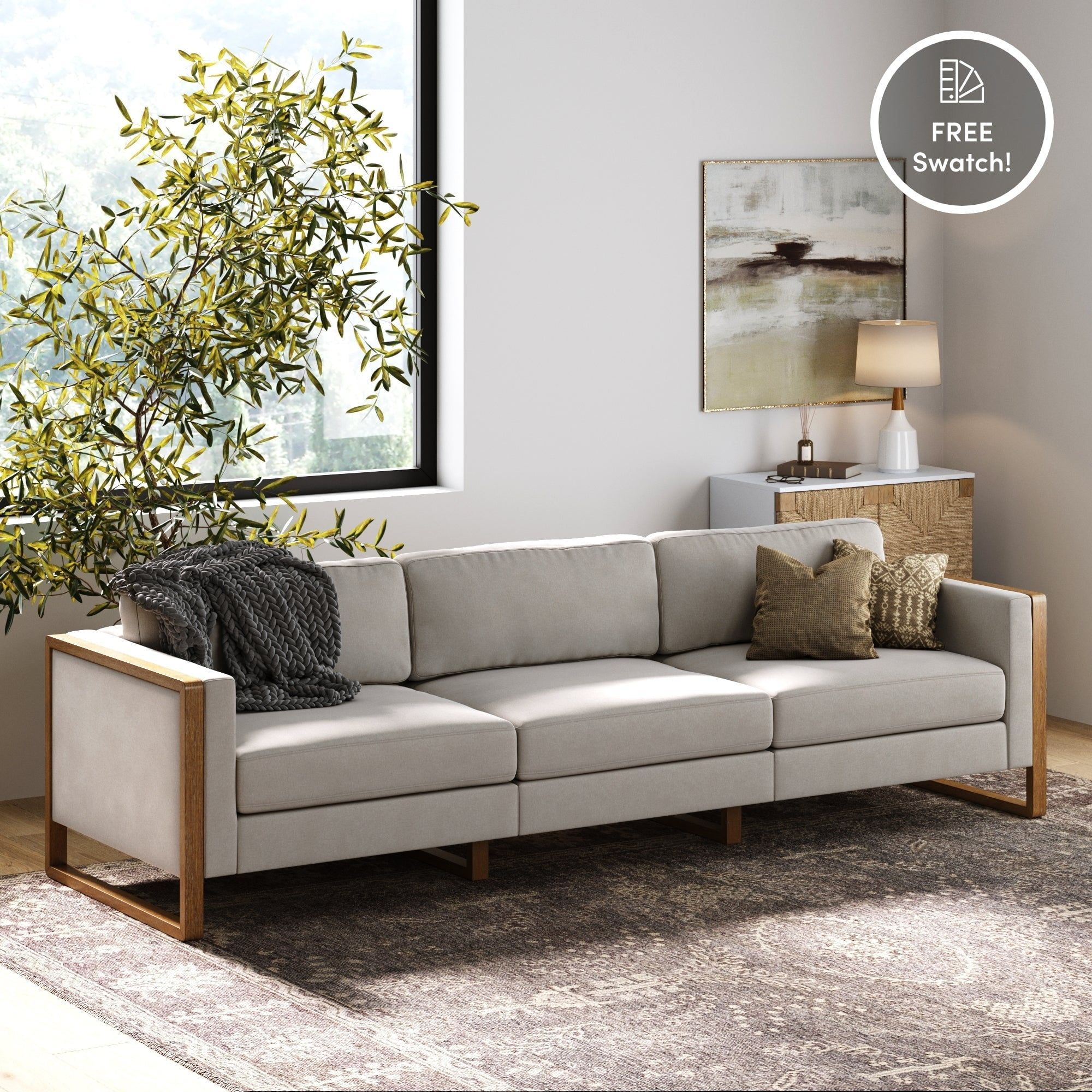 Madison Light Brown Linen 3-Seater Sofa with Wood Legs