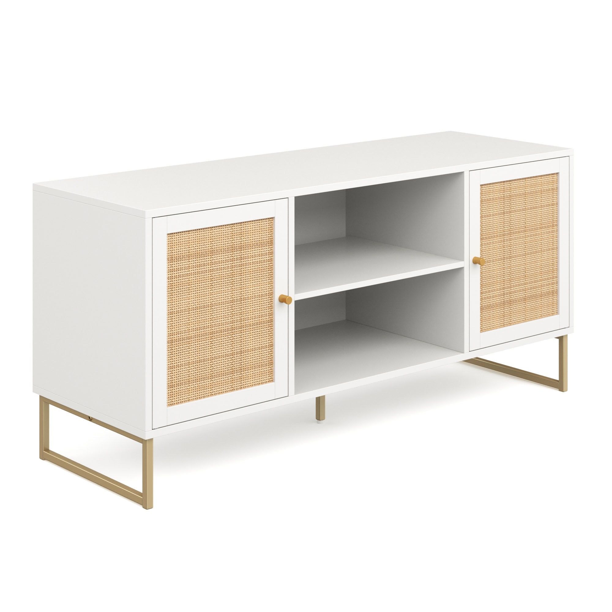 White and Gold Rattan Door TV Stand for 55" TVs