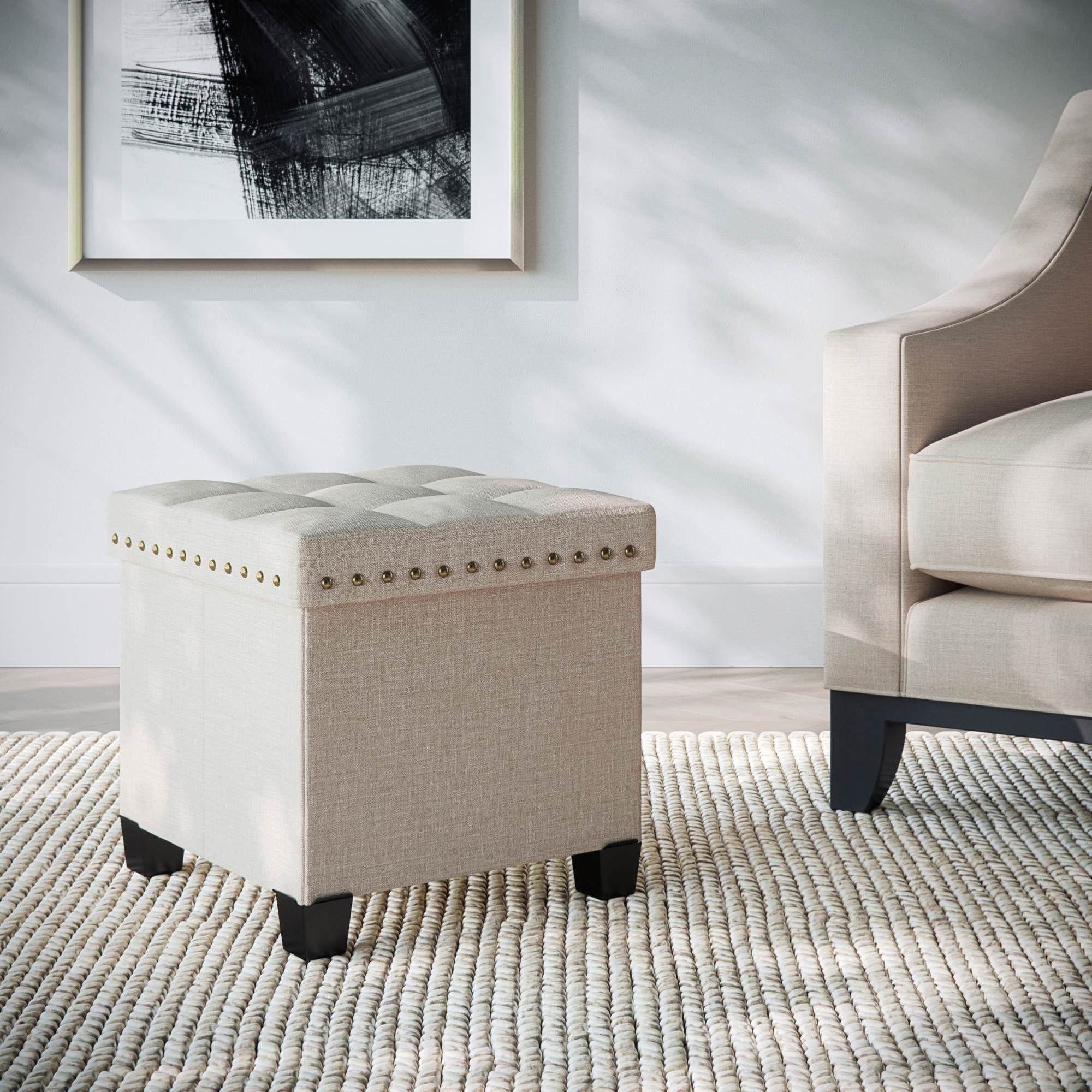 Beige Foldable Cube Storage Ottoman with Nailhead Trim