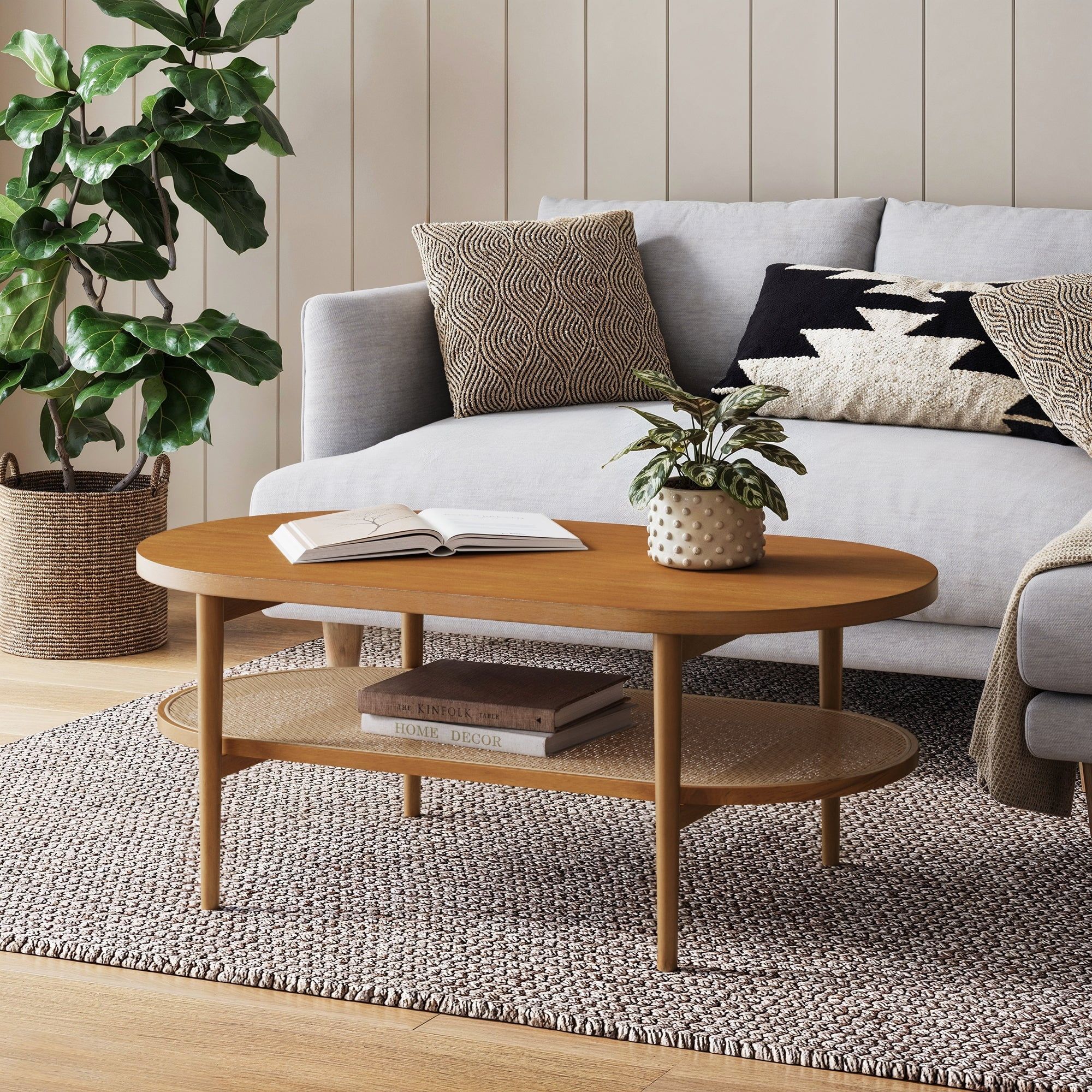 Honey Brown Oval Wood Coffee Table with Storage Shelf