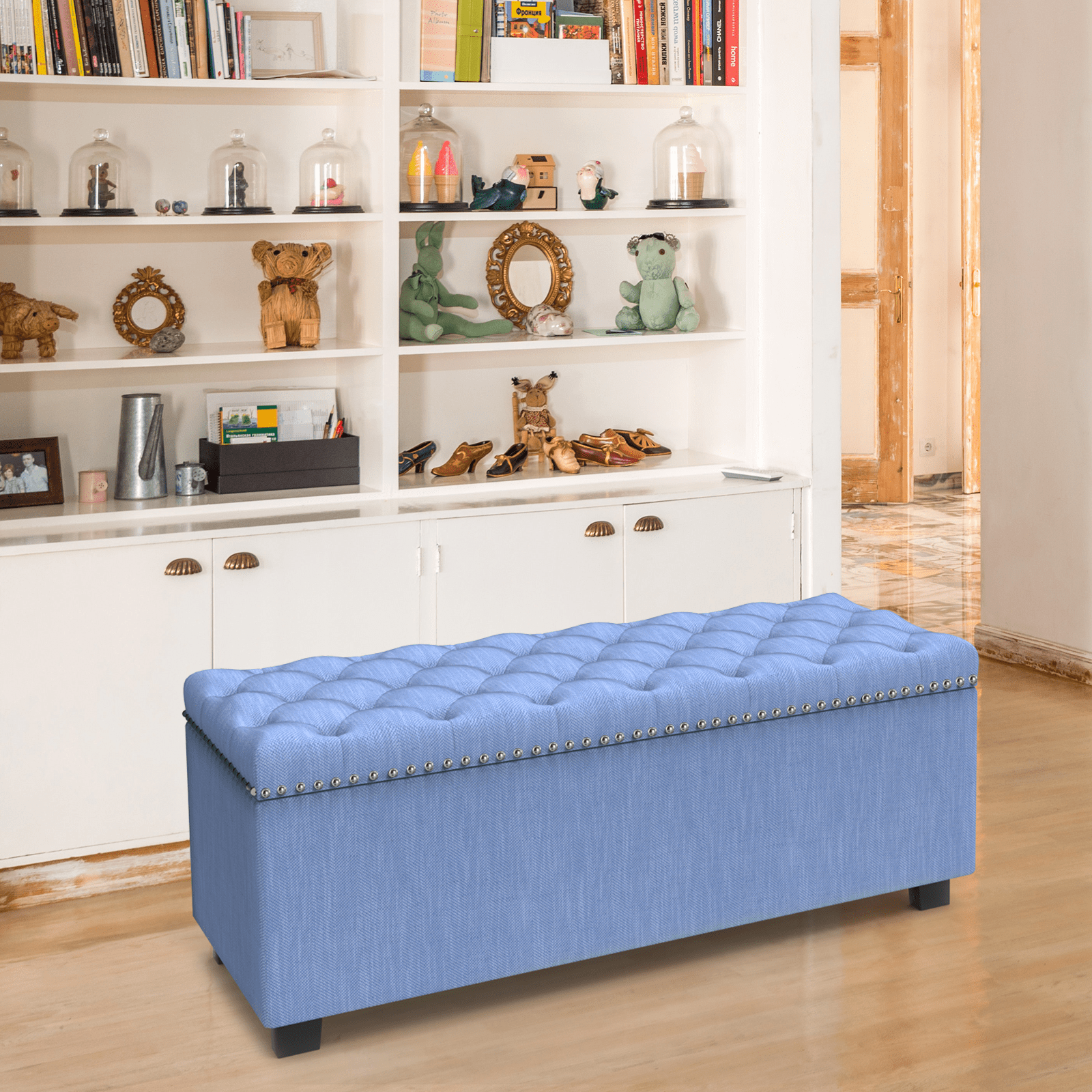 Blue Button Tufted Storage Ottoman with Nailhead Trim