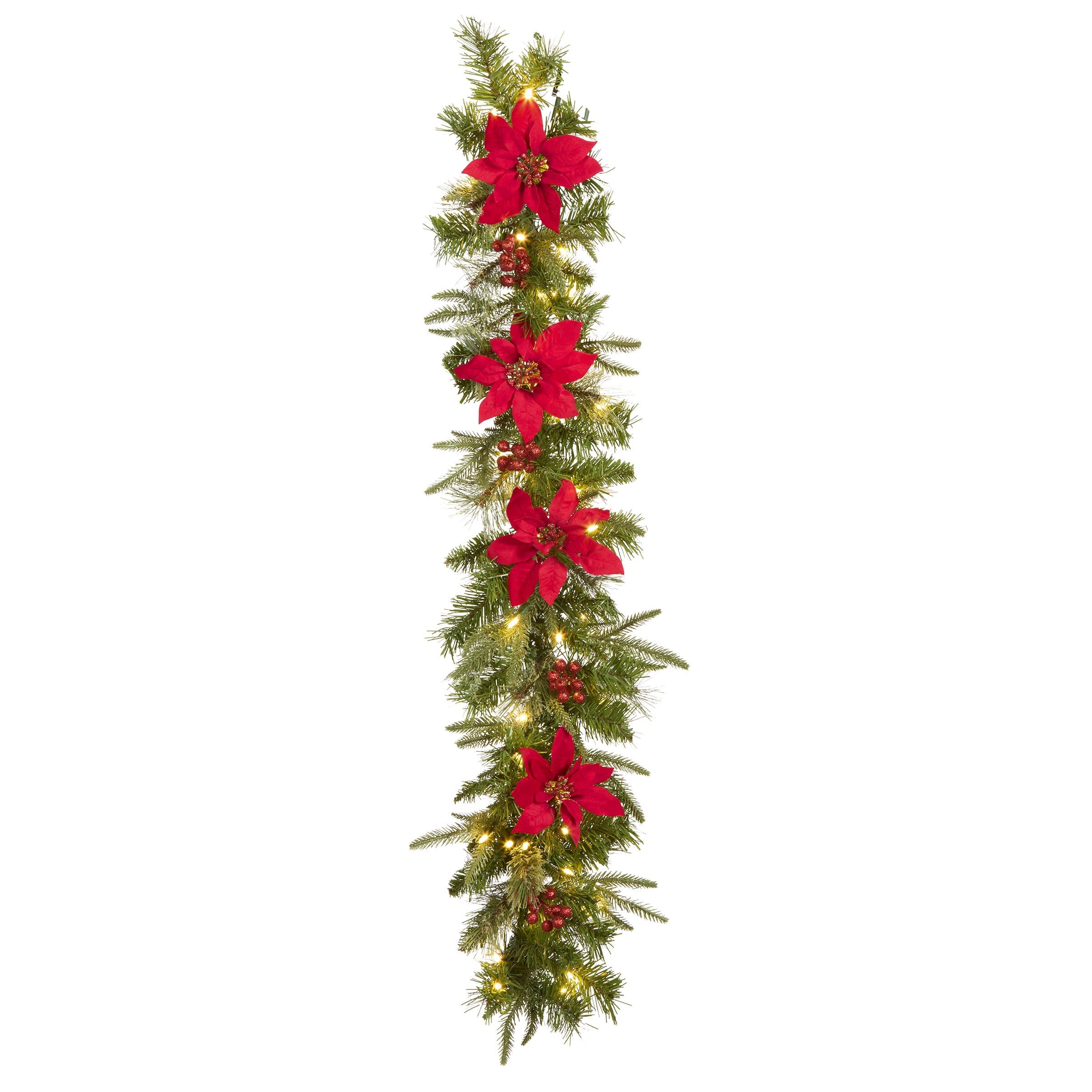 4-Foot Green and Red Poinsettia Pre-Lit Christmas Garland