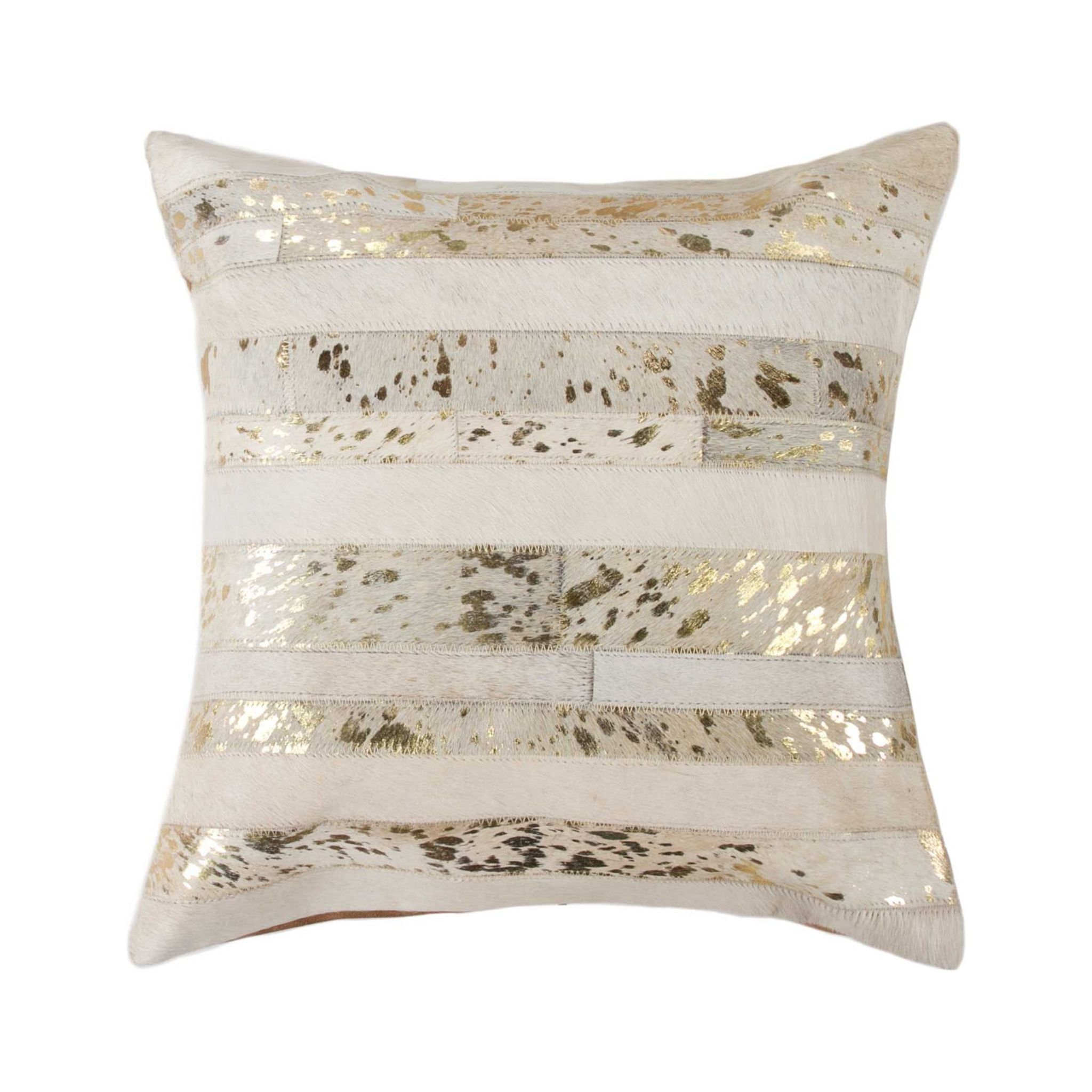 18" Beige and Gold Cowhide Throw Pillow